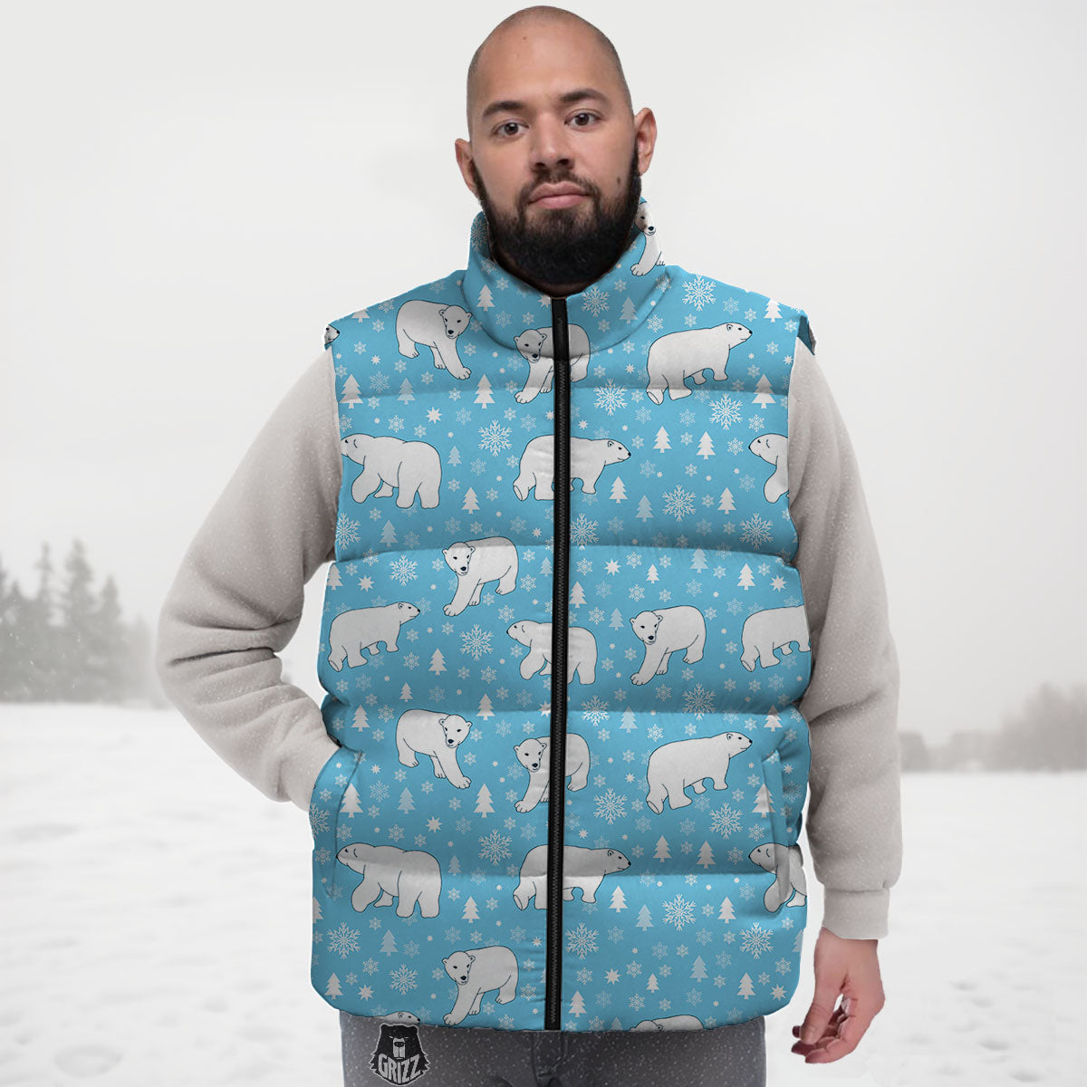 Snowflake And Polar Bear Print Pattern Down Vest