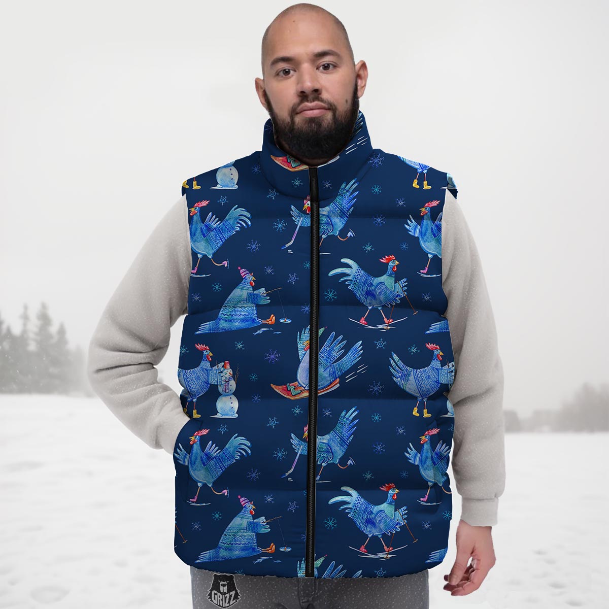 Snowflake And Rooster Print Pattern Down Vest