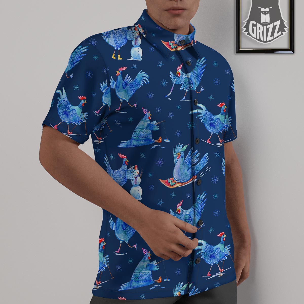 Snowflake And Rooster Print Pattern Untucked Shirts-grizzshop