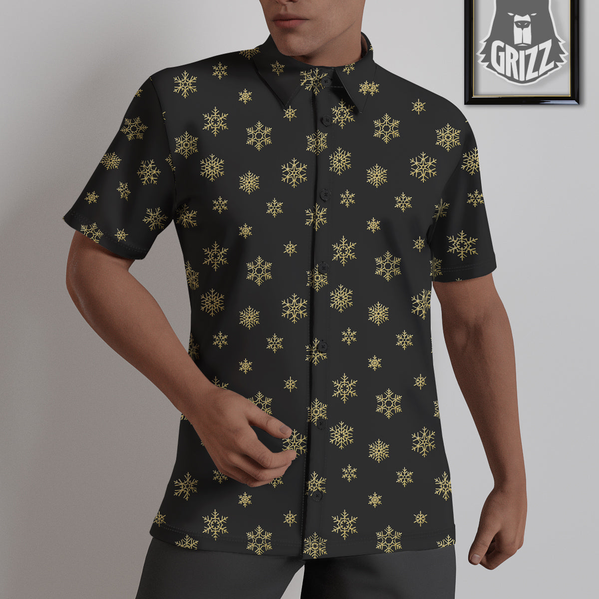 Snowflake Gold And Black Print Pattern Untucked Shirts-grizzshop