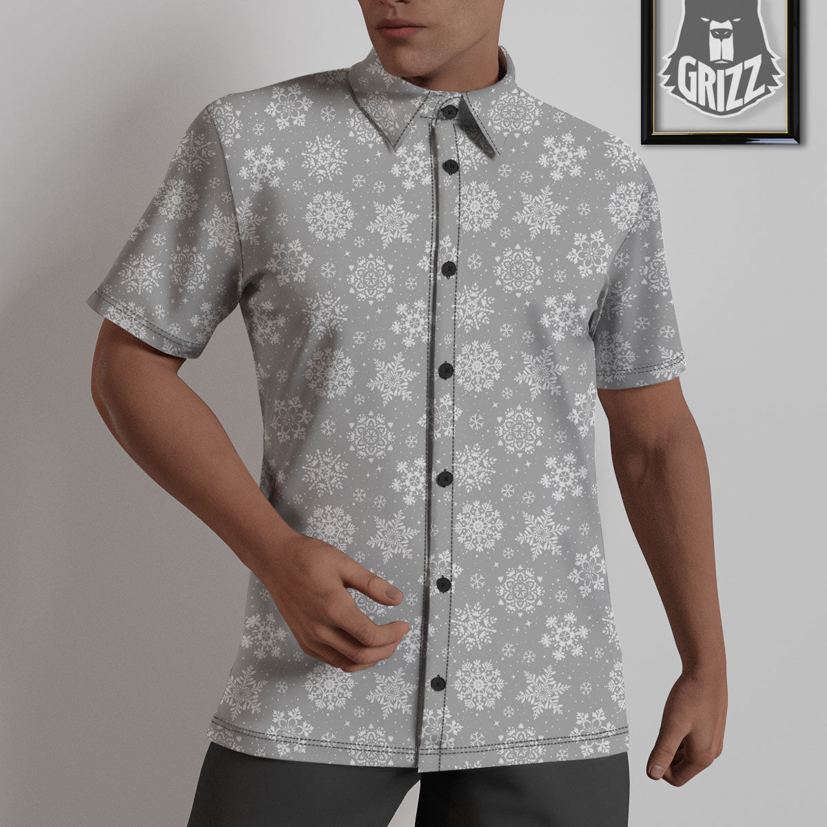 Snowflake Grey And White Print Pattern Untucked Shirts-grizzshop