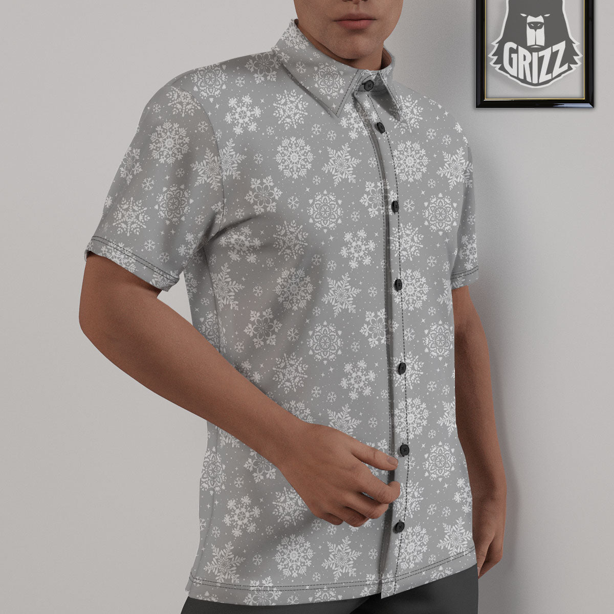 Snowflake Grey And White Print Pattern Untucked Shirts-grizzshop