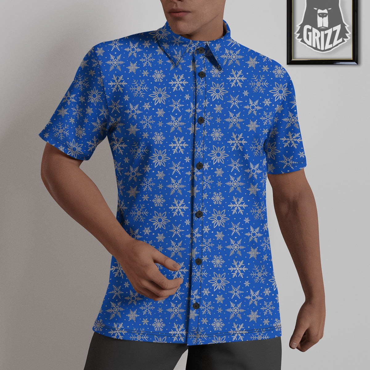 Snowflake Silver And Blue Print Pattern Untucked Shirts-grizzshop