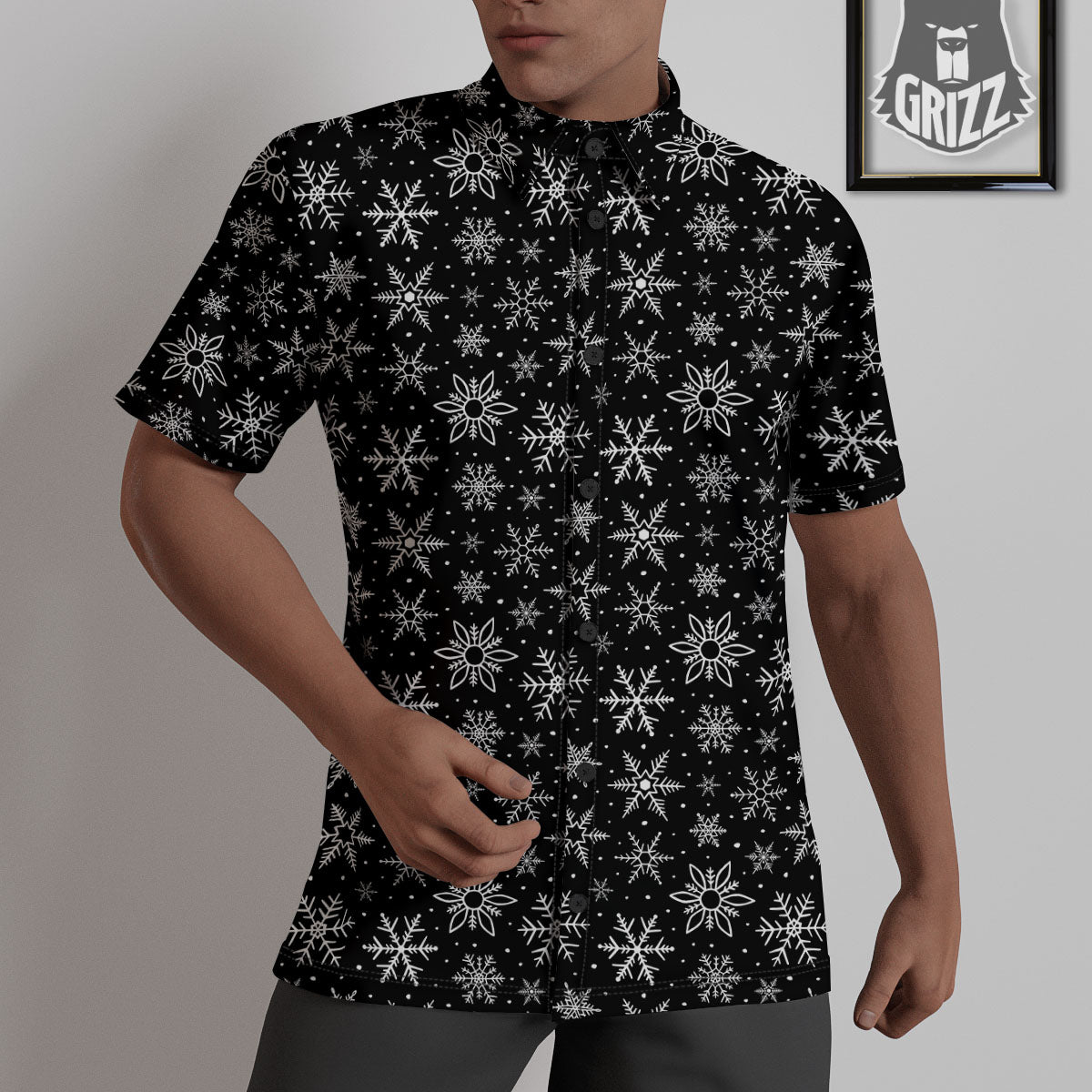 Snowflake White And Black Print Pattern Untucked Shirts-grizzshop