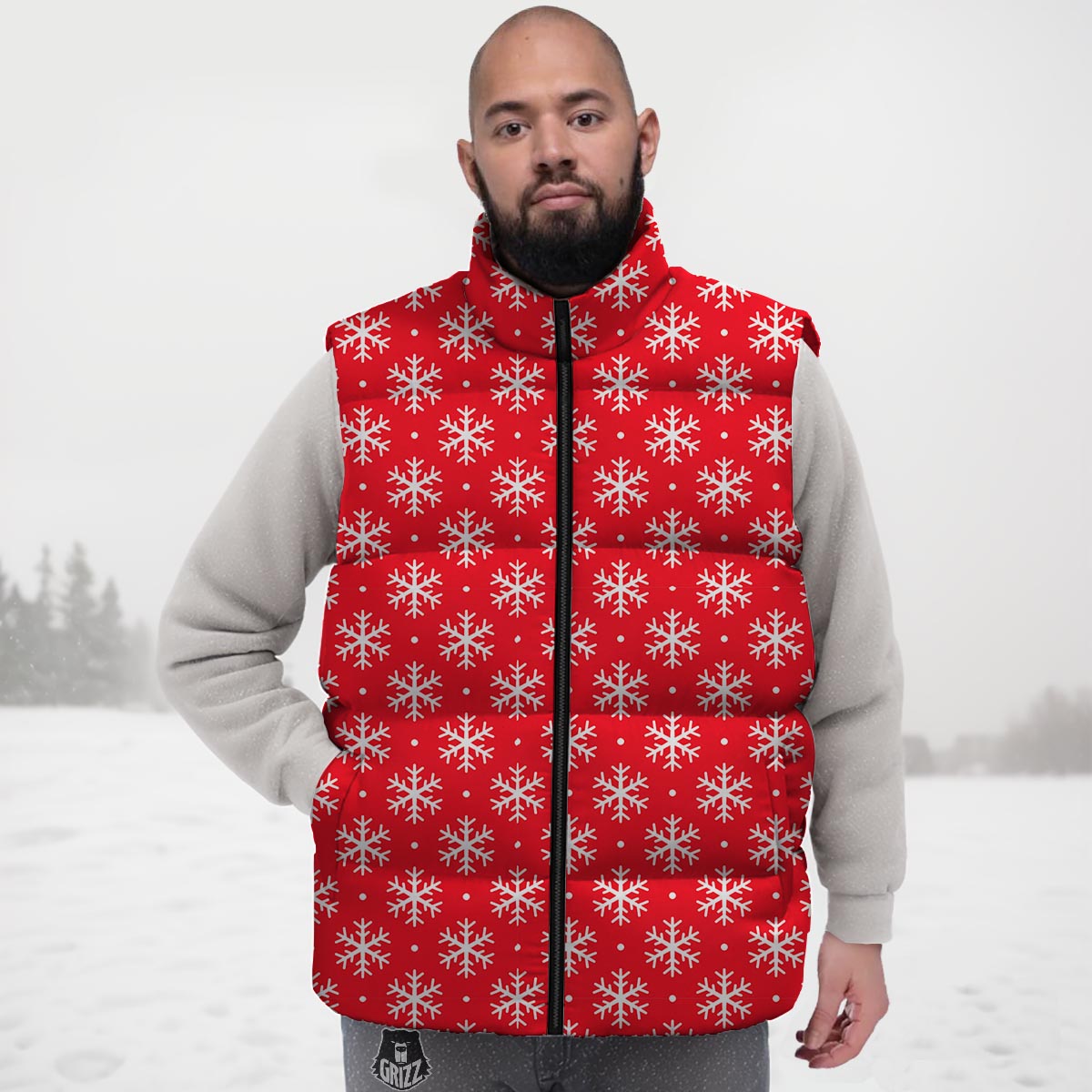 Snowflake White And Red Print Pattern Down Vest