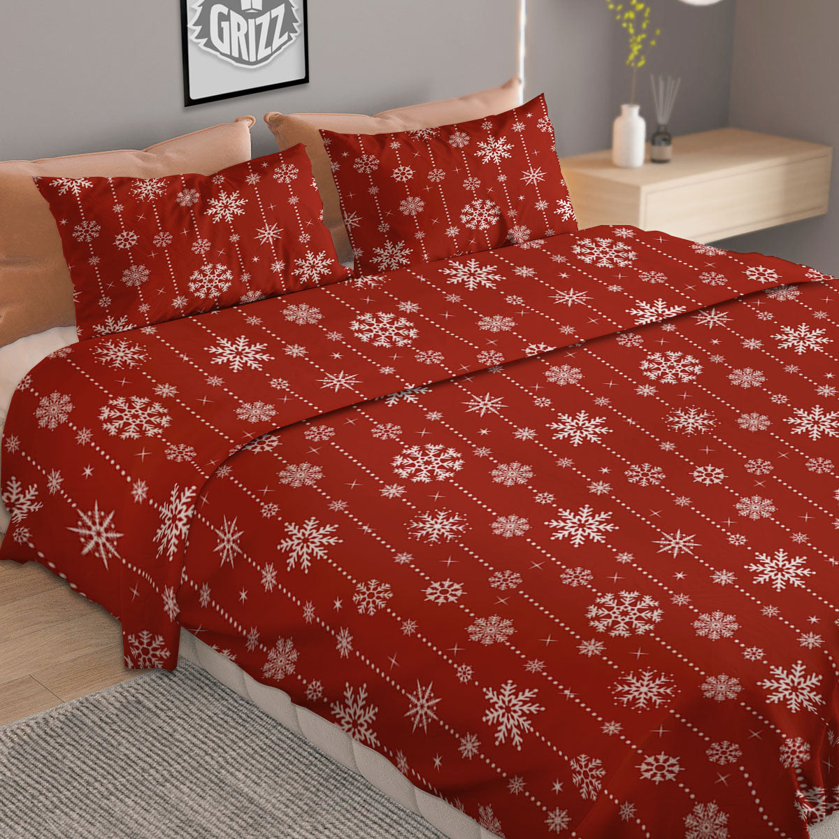 Snowflakes Merry Christmas Print Pattern Duvet Cover Bedding Set