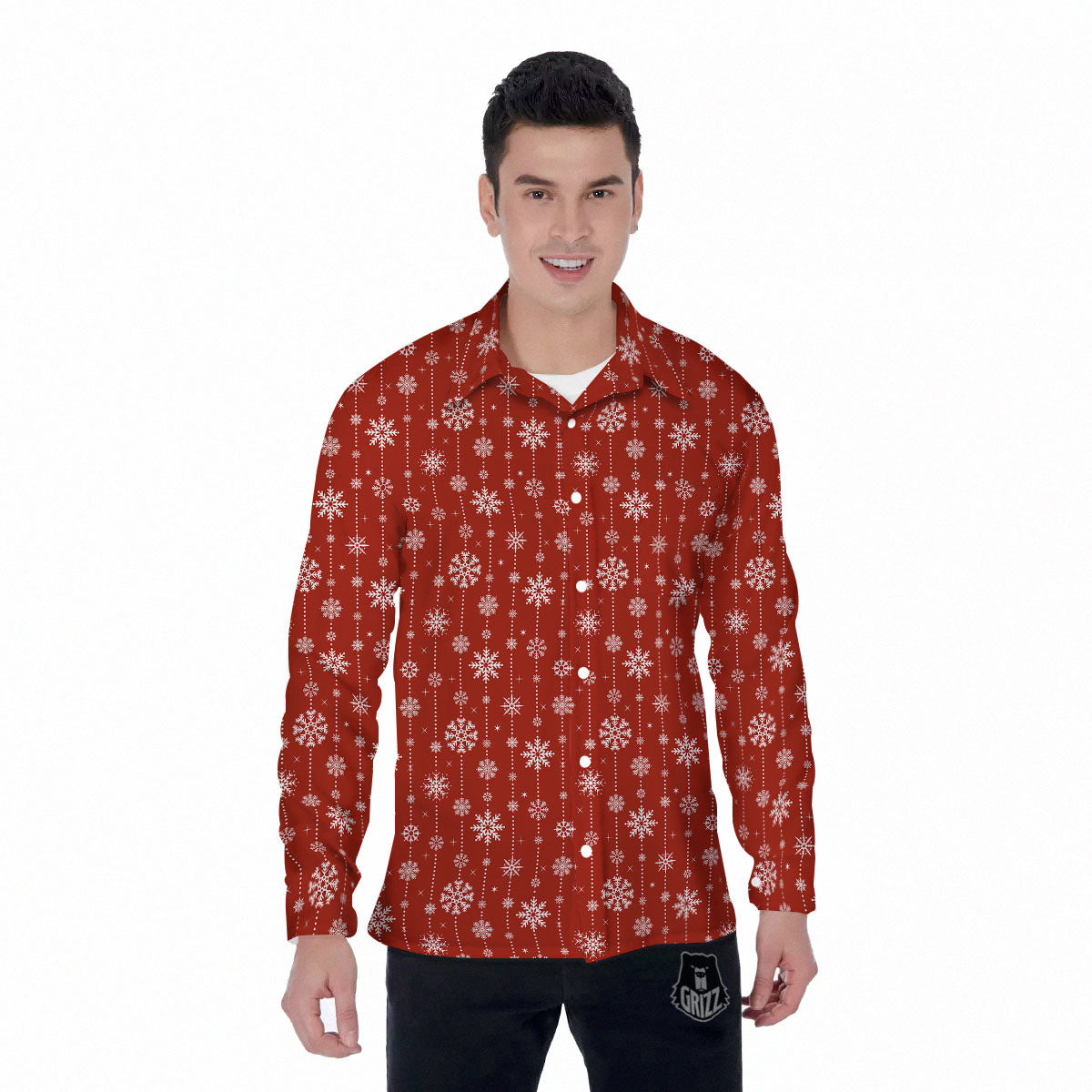 Snowflakes Merry Christmas Print Pattern Men's Long Sleeve Shirts-grizzshop