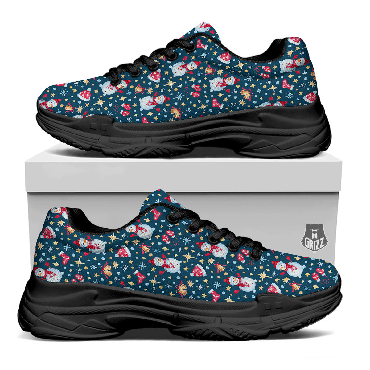 Snowman Christmas Print Pattern Black Chunky Shoes-grizzshop