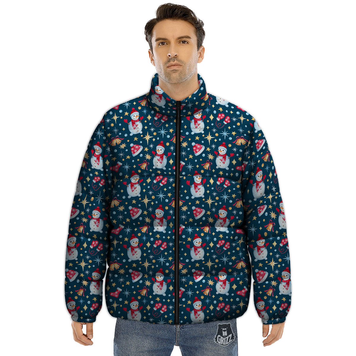 Snowman Christmas Print Pattern Puffer Jacket-grizzshop