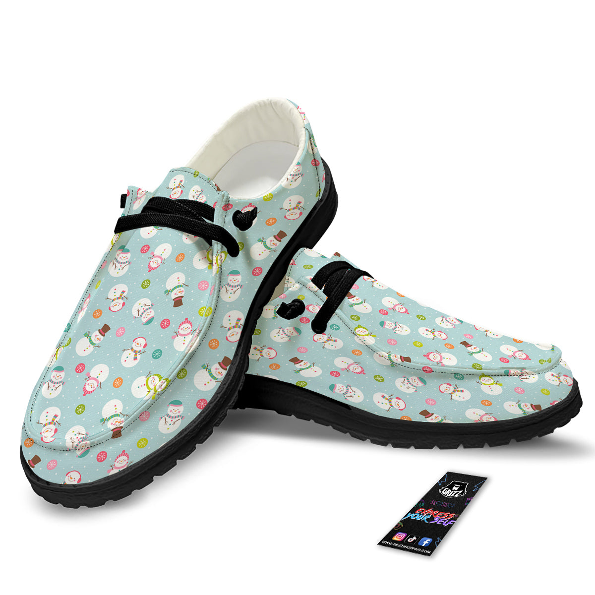 Snowman Cute Print Pattern Black Loafers-grizzshop