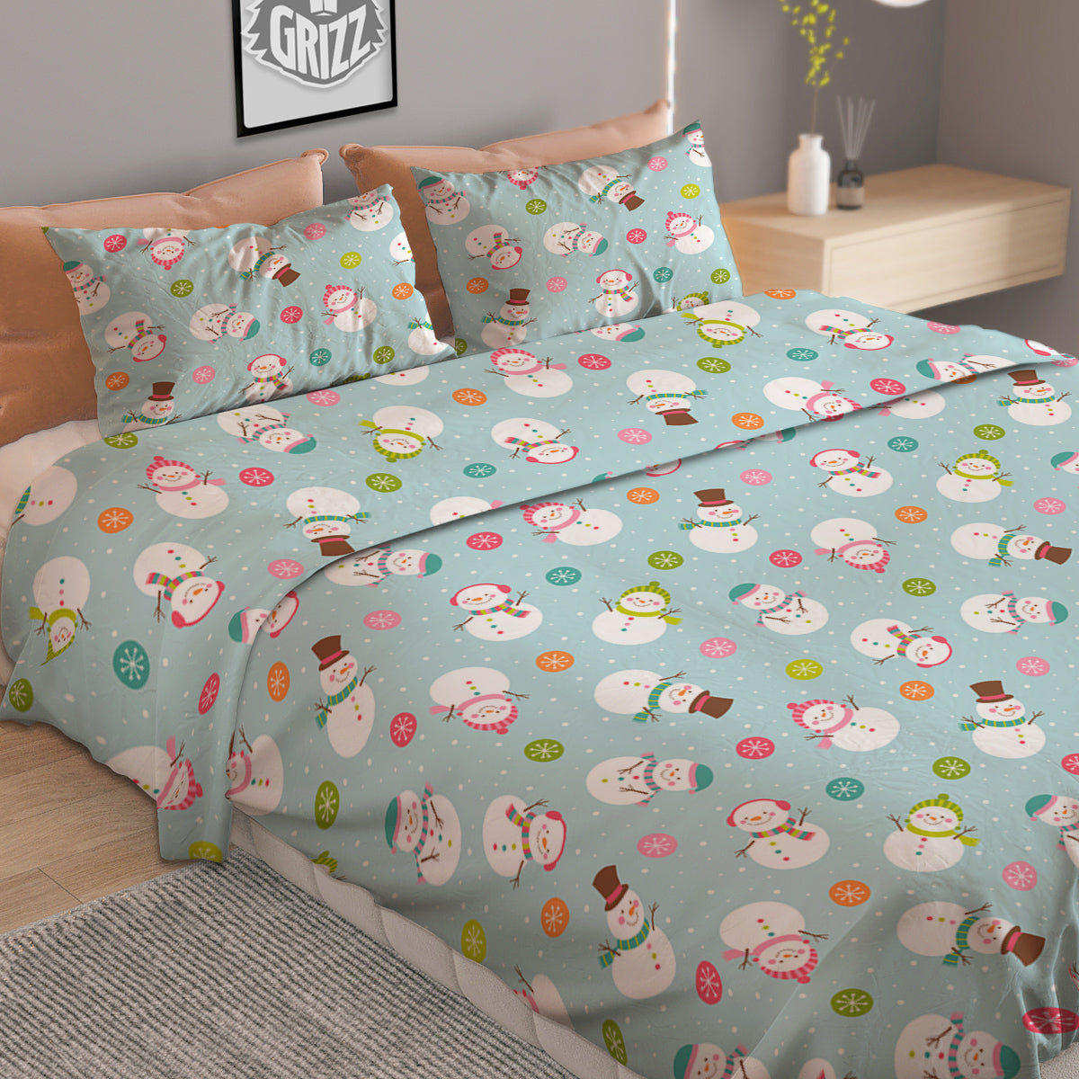 Snowman Cute Print Pattern Duvet Cover Bedding Set