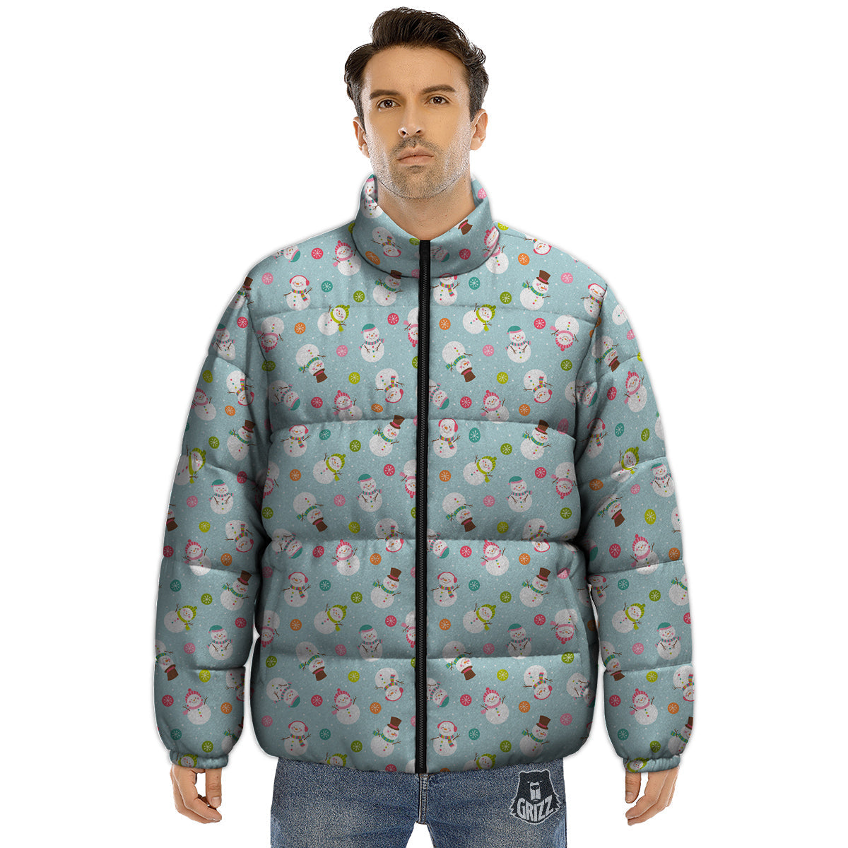 Snowman Cute Print Pattern Puffer Jacket-grizzshop