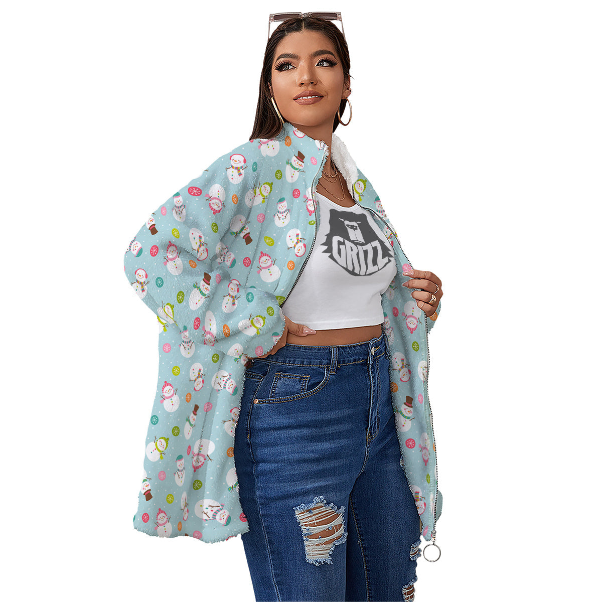 Snowman Cute Print Pattern Women's Sherpa Jacket-grizzshop