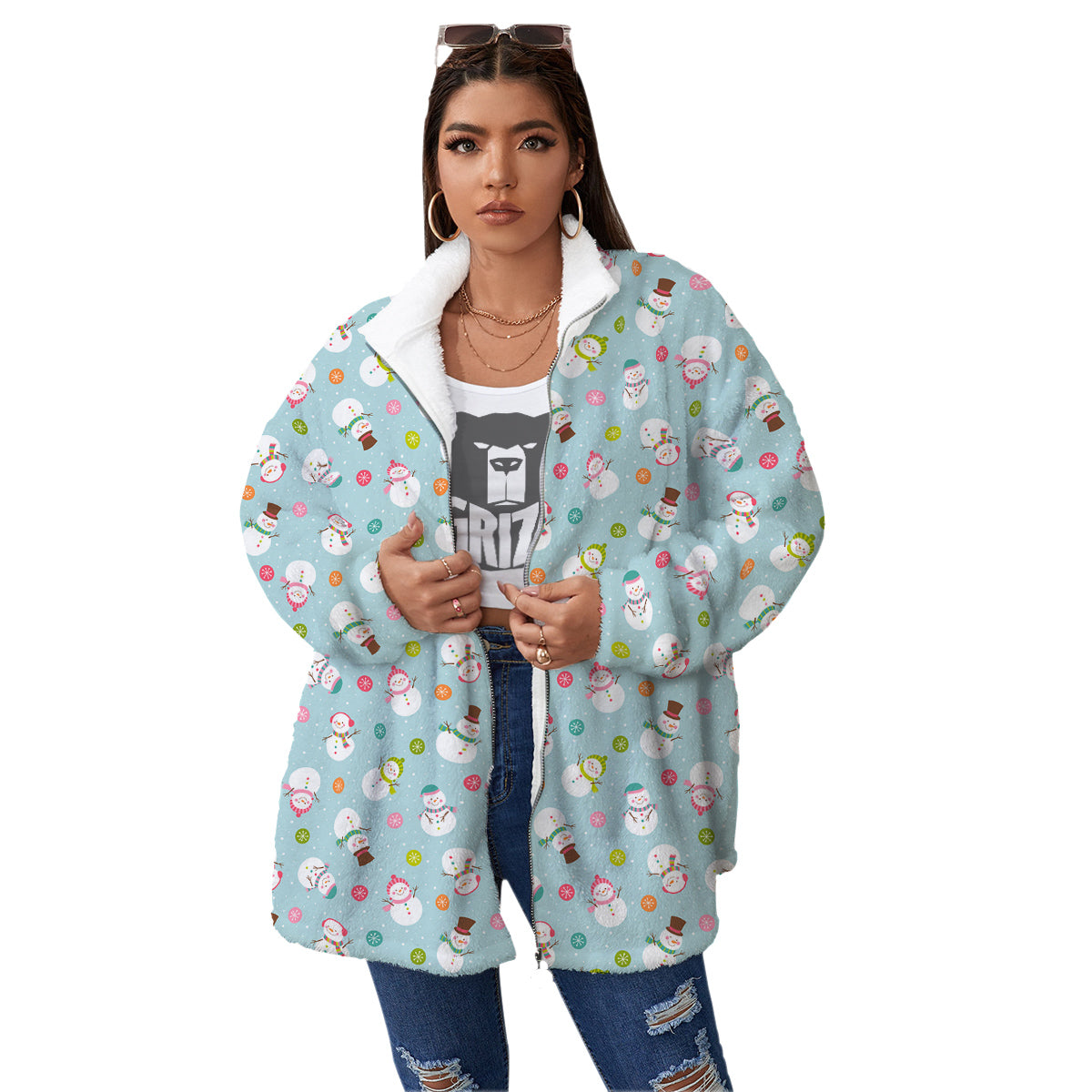 Snowman Cute Print Pattern Women's Sherpa Jacket-grizzshop