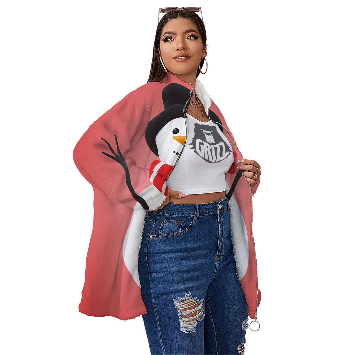Snowman Cute Print Women's Sherpa Jacket-grizzshop