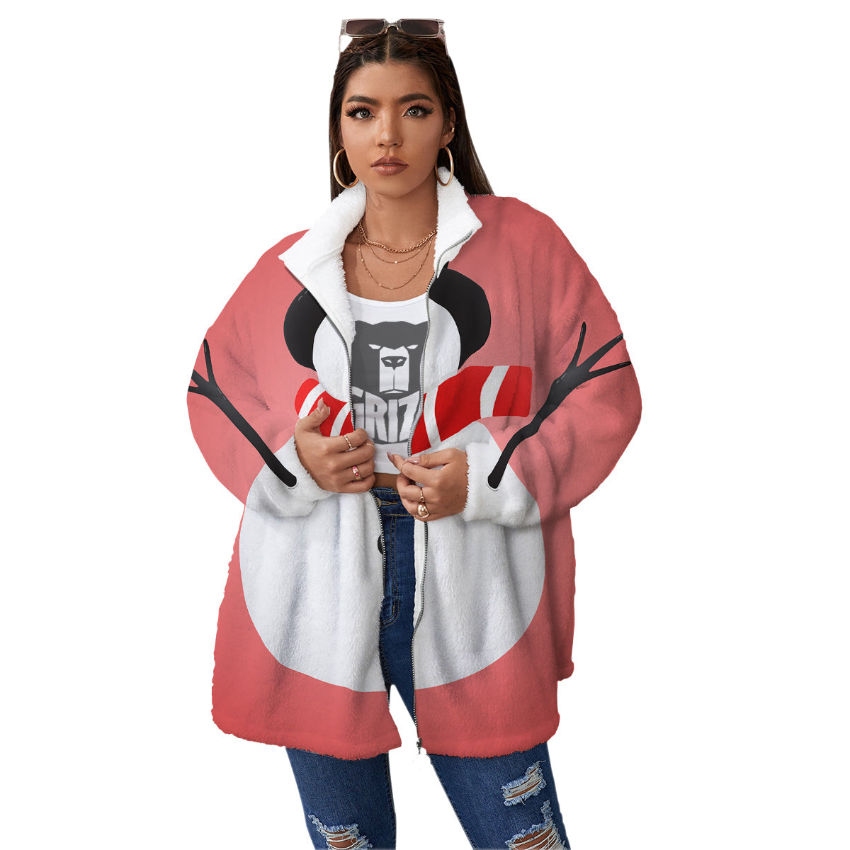 Snowman Cute Print Women's Sherpa Jacket-grizzshop