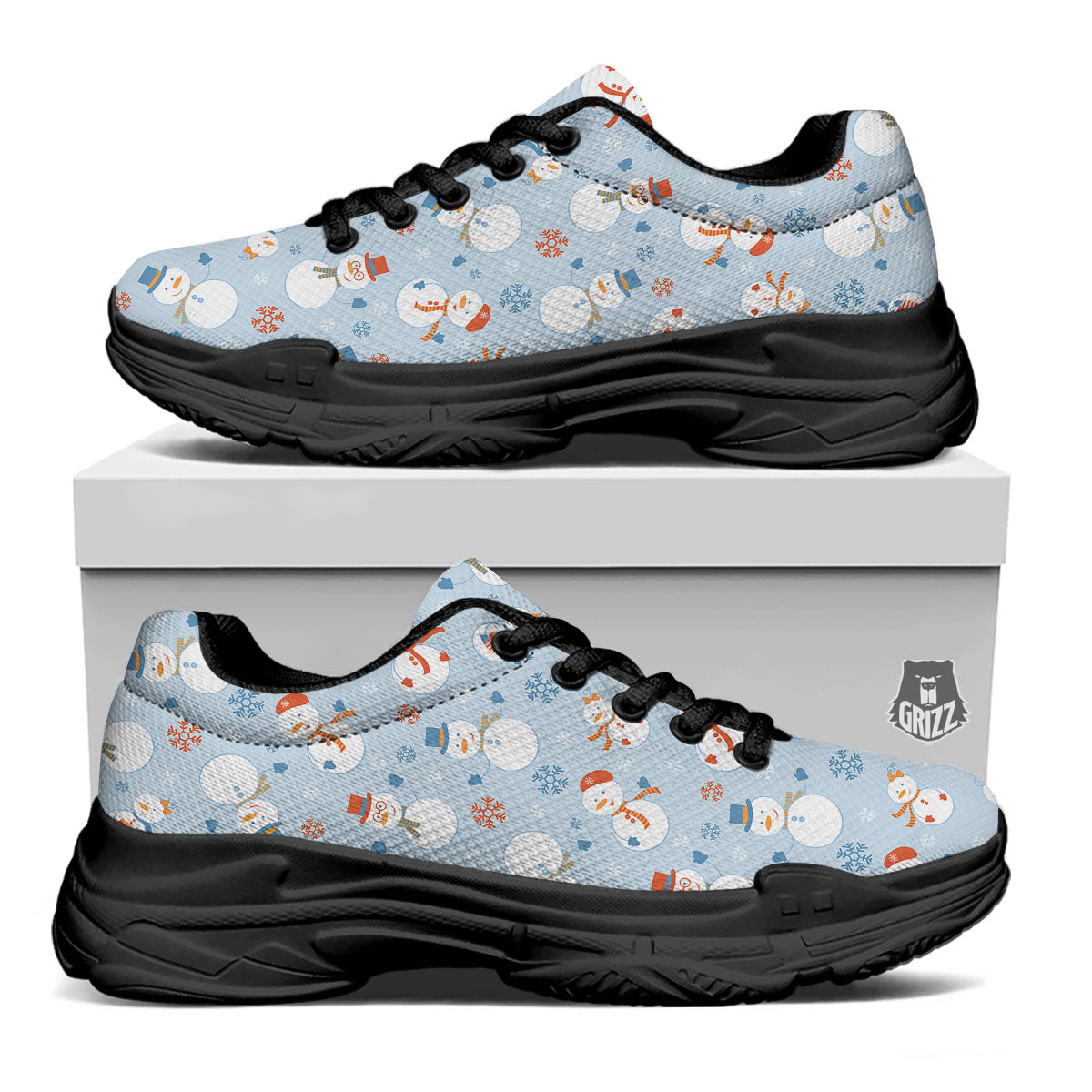 Snowman Holiday Print Pattern Black Chunky Shoes-grizzshop