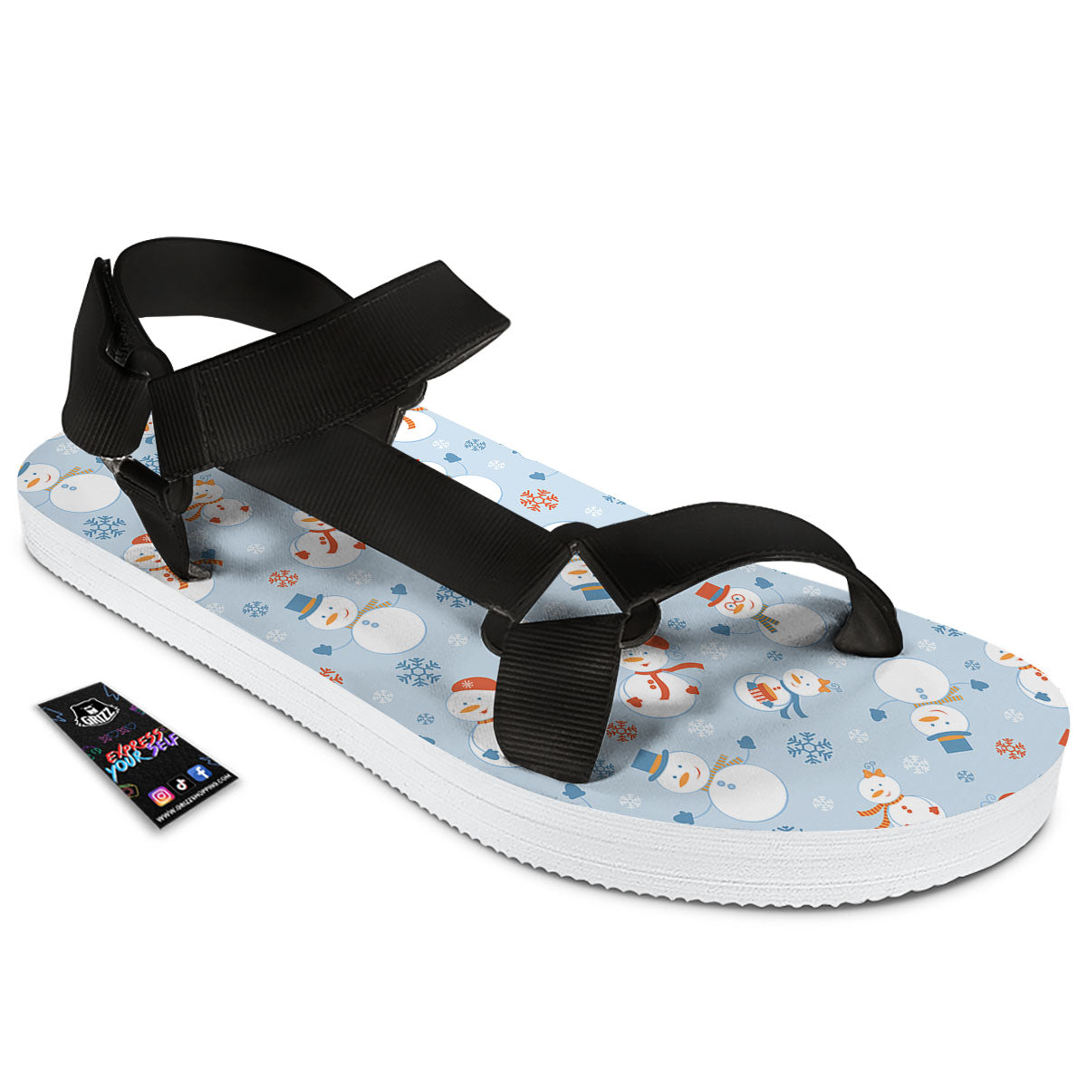 Snowman Holiday Print Pattern Black Open Toe Sandals-grizzshop