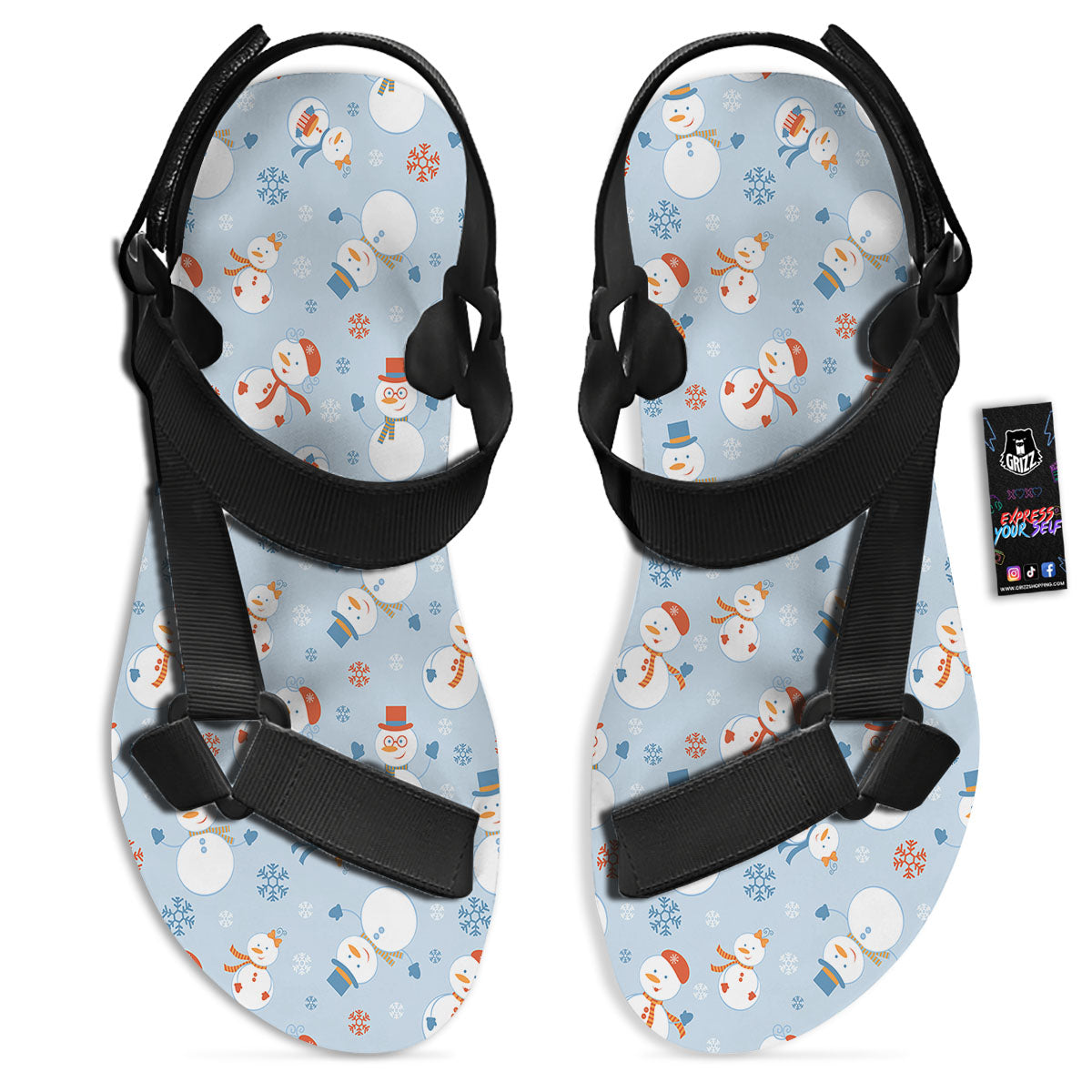 Snowman Holiday Print Pattern Black Open Toe Sandals-grizzshop