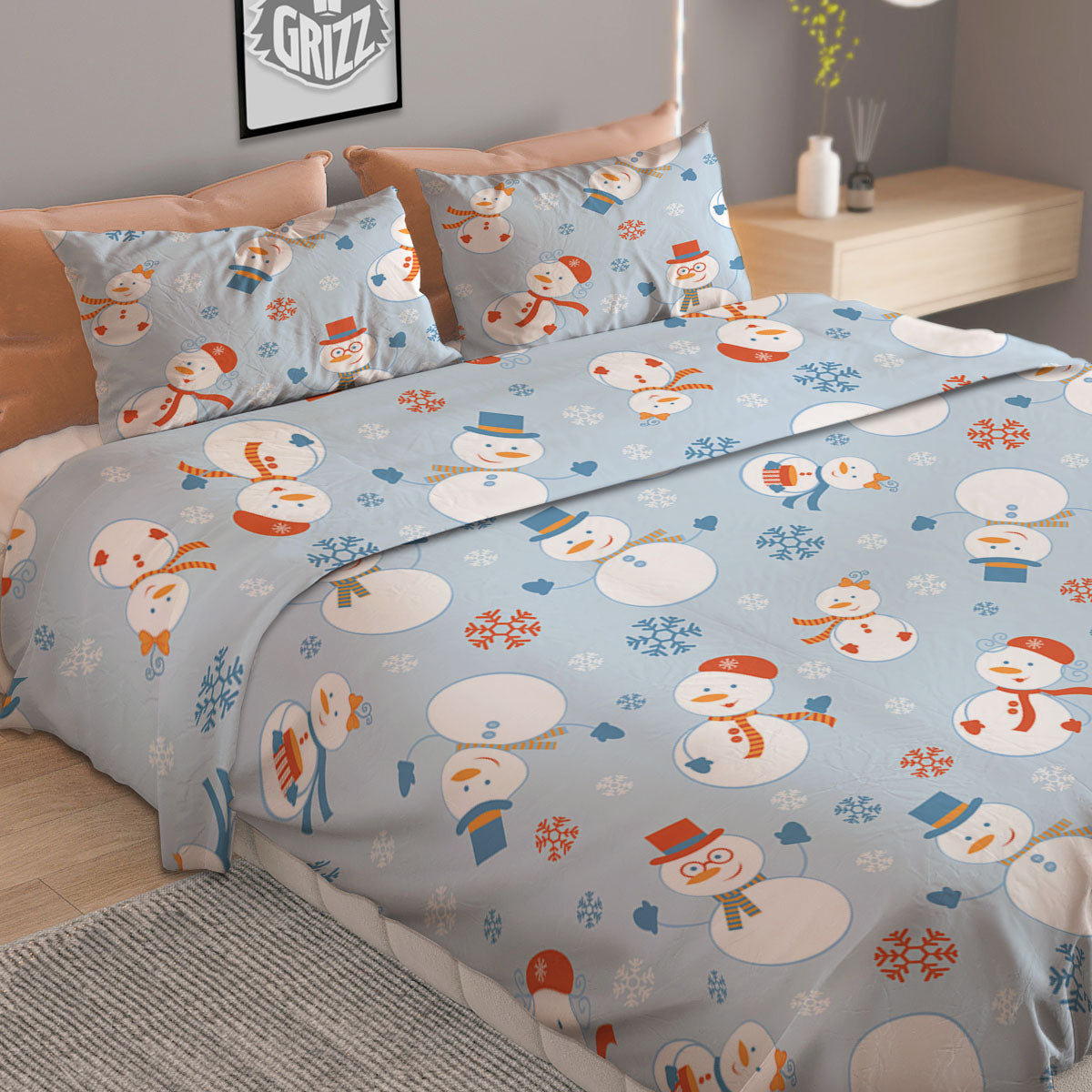 Snowman Holiday Print Pattern Duvet Cover Bedding Set