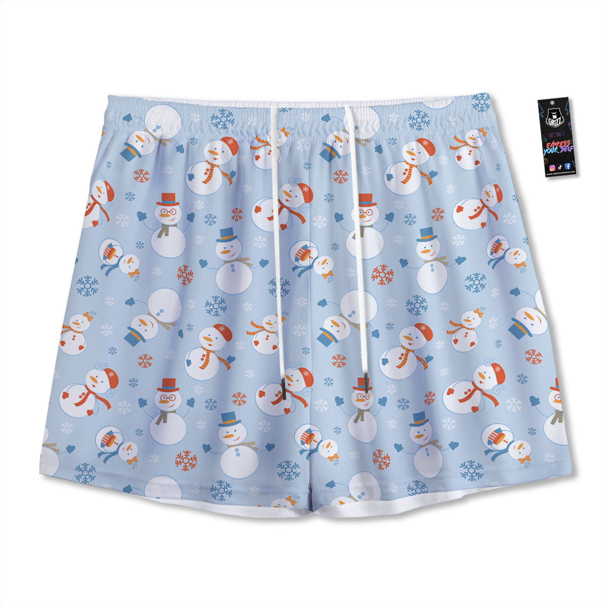 Snowman Holiday Print Pattern Mesh Shorts
