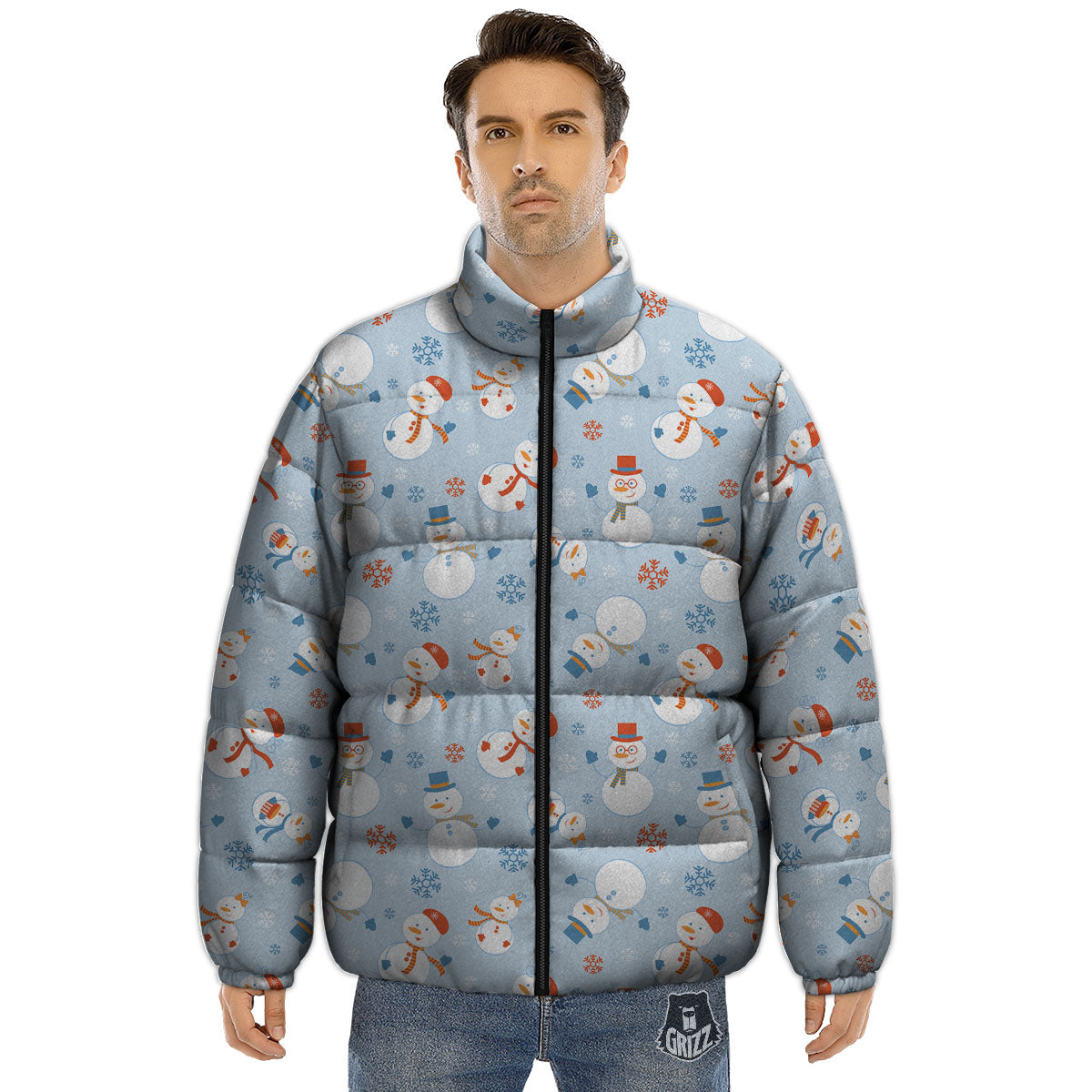 Snowman Holiday Print Pattern Puffer Jacket-grizzshop