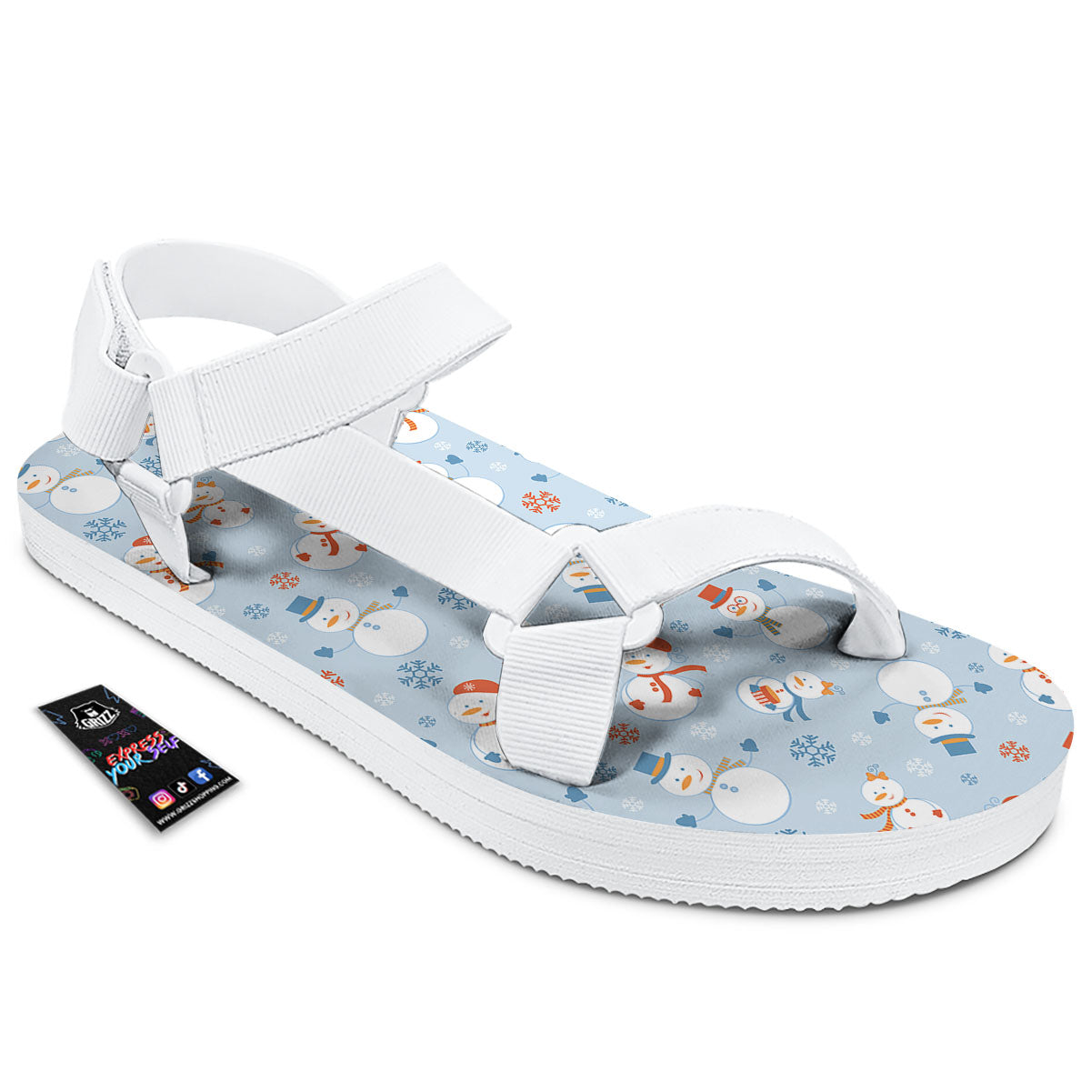 Snowman Holiday Print Pattern White Open Toe Sandals-grizzshop