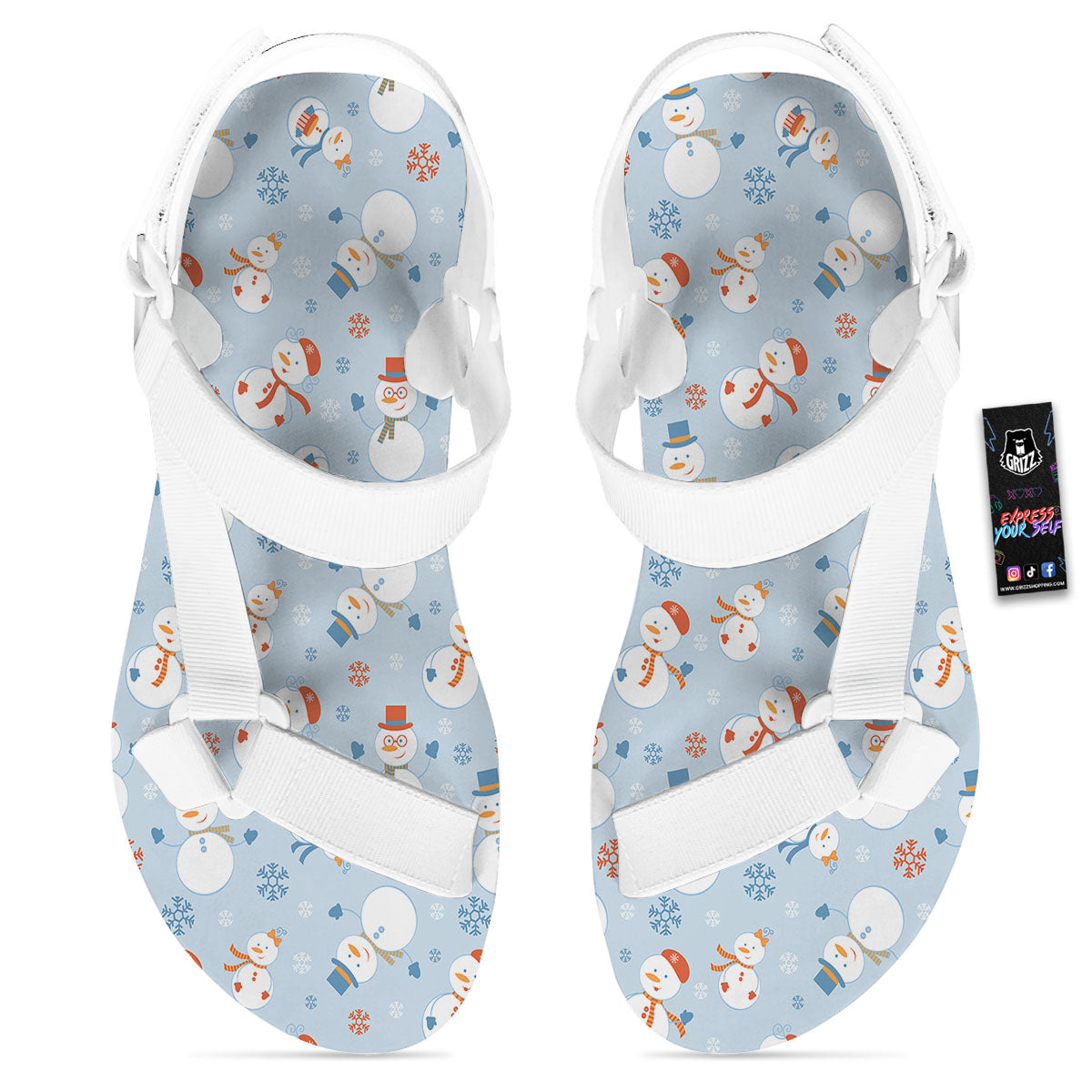 Snowman Holiday Print Pattern White Open Toe Sandals-grizzshop