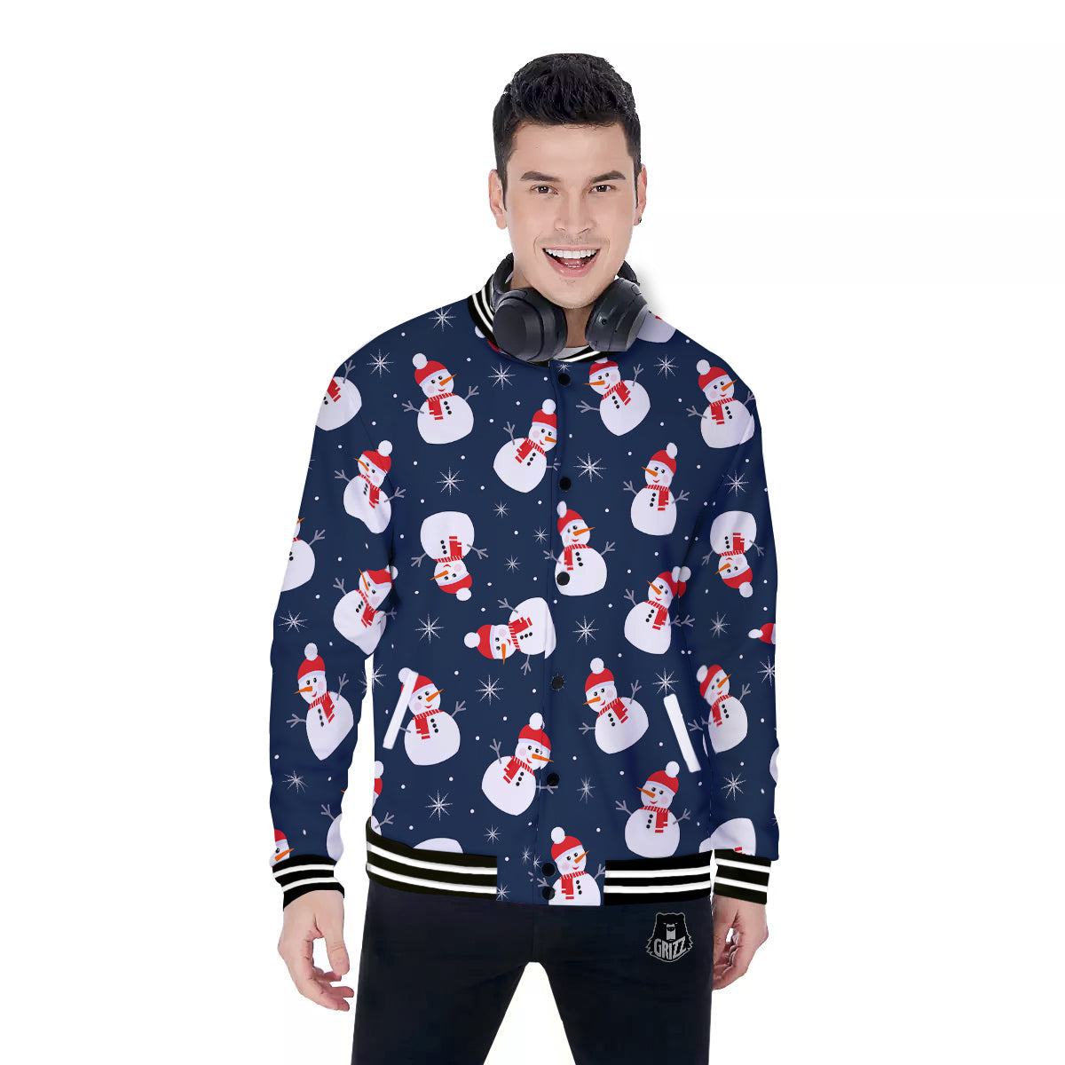 Snowman Print Pattern Baseball Jacket-grizzshop