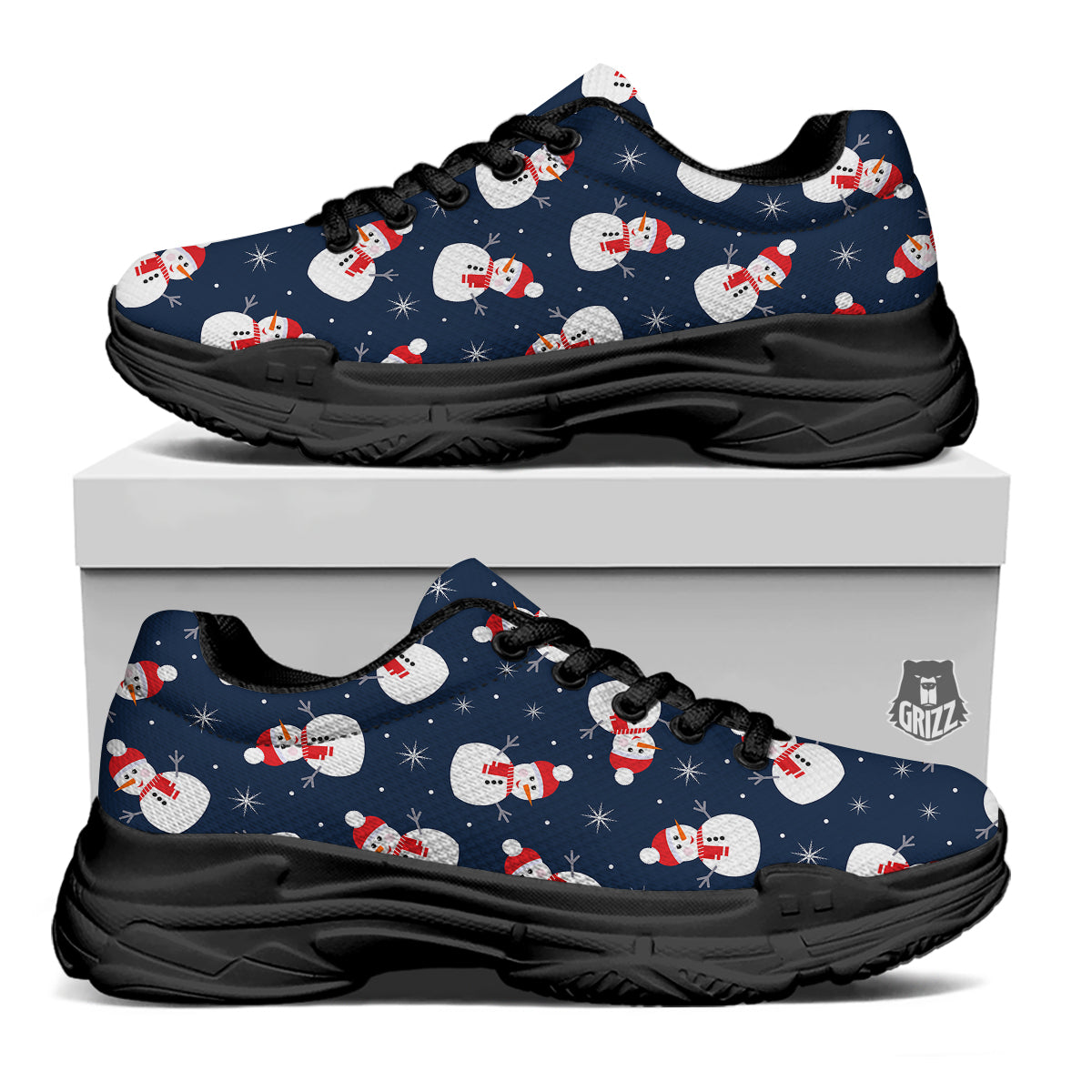 Snowman Print Pattern Black Chunky Shoes-grizzshop
