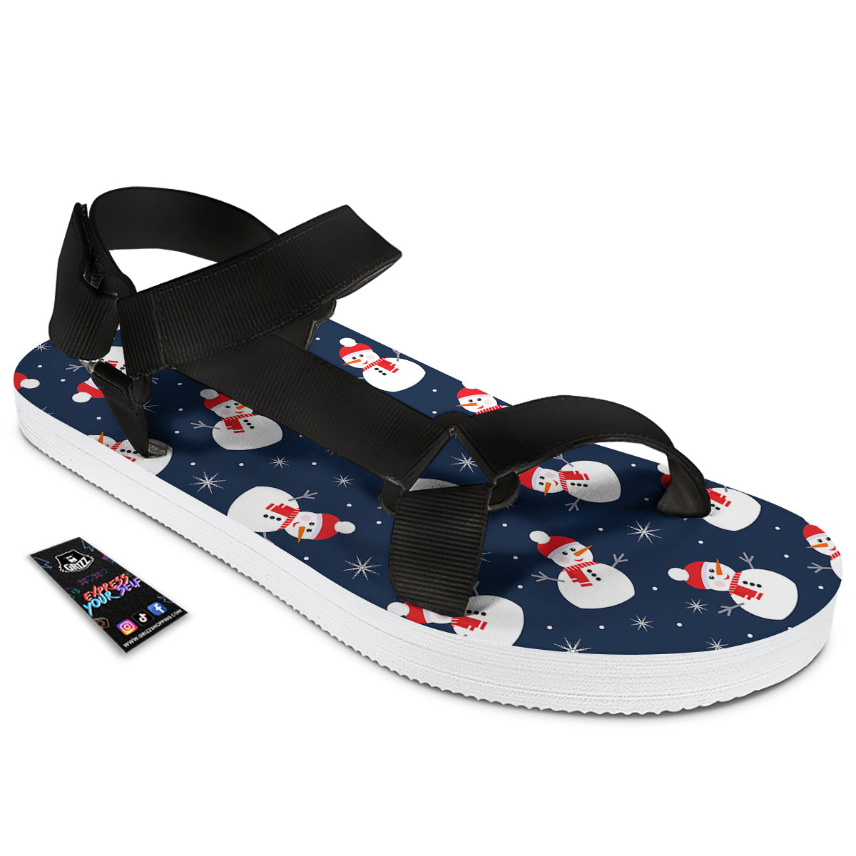 Snowman Print Pattern Black Open Toe Sandals-grizzshop
