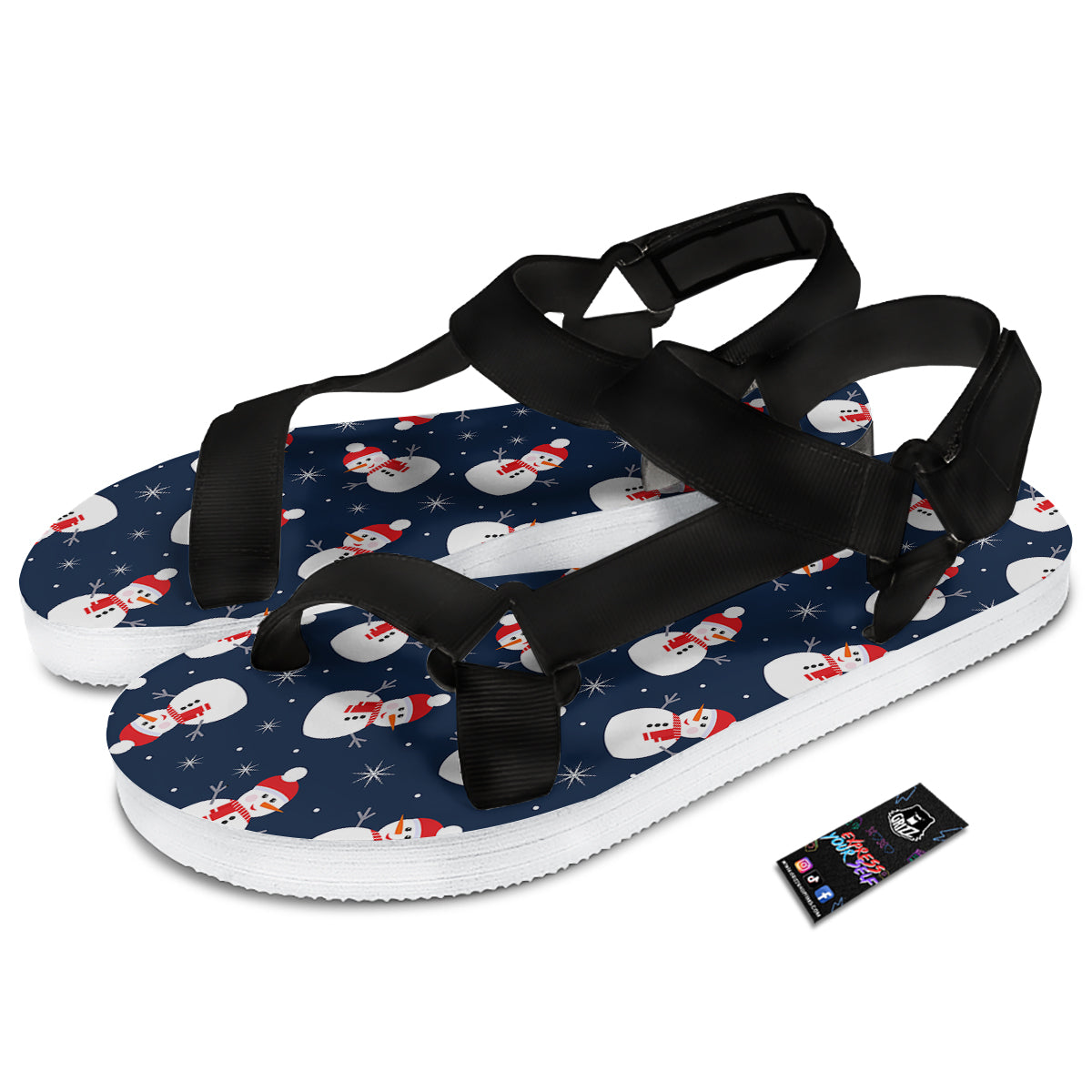Snowman Print Pattern Black Open Toe Sandals-grizzshop