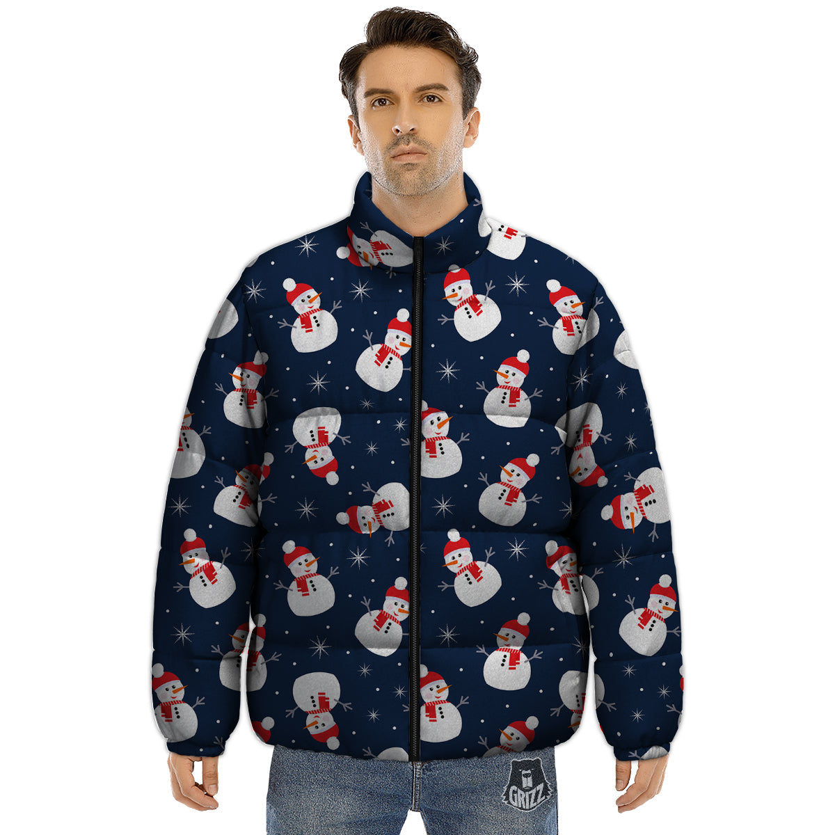 Snowman Print Pattern Puffer Jacket-grizzshop