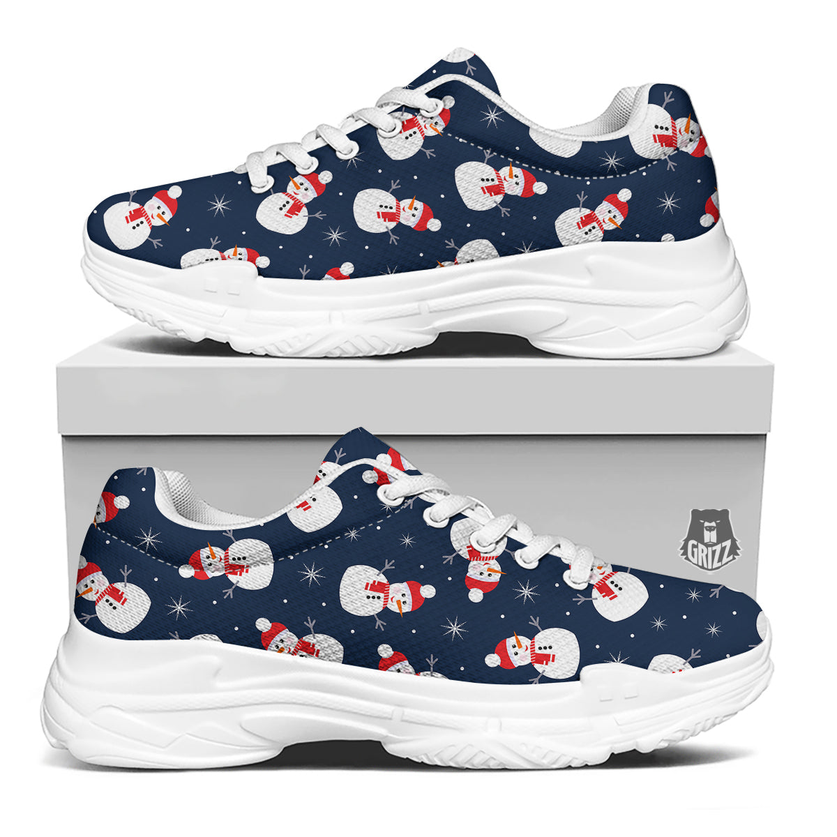 Snowman Print Pattern White Chunky Shoes-grizzshop