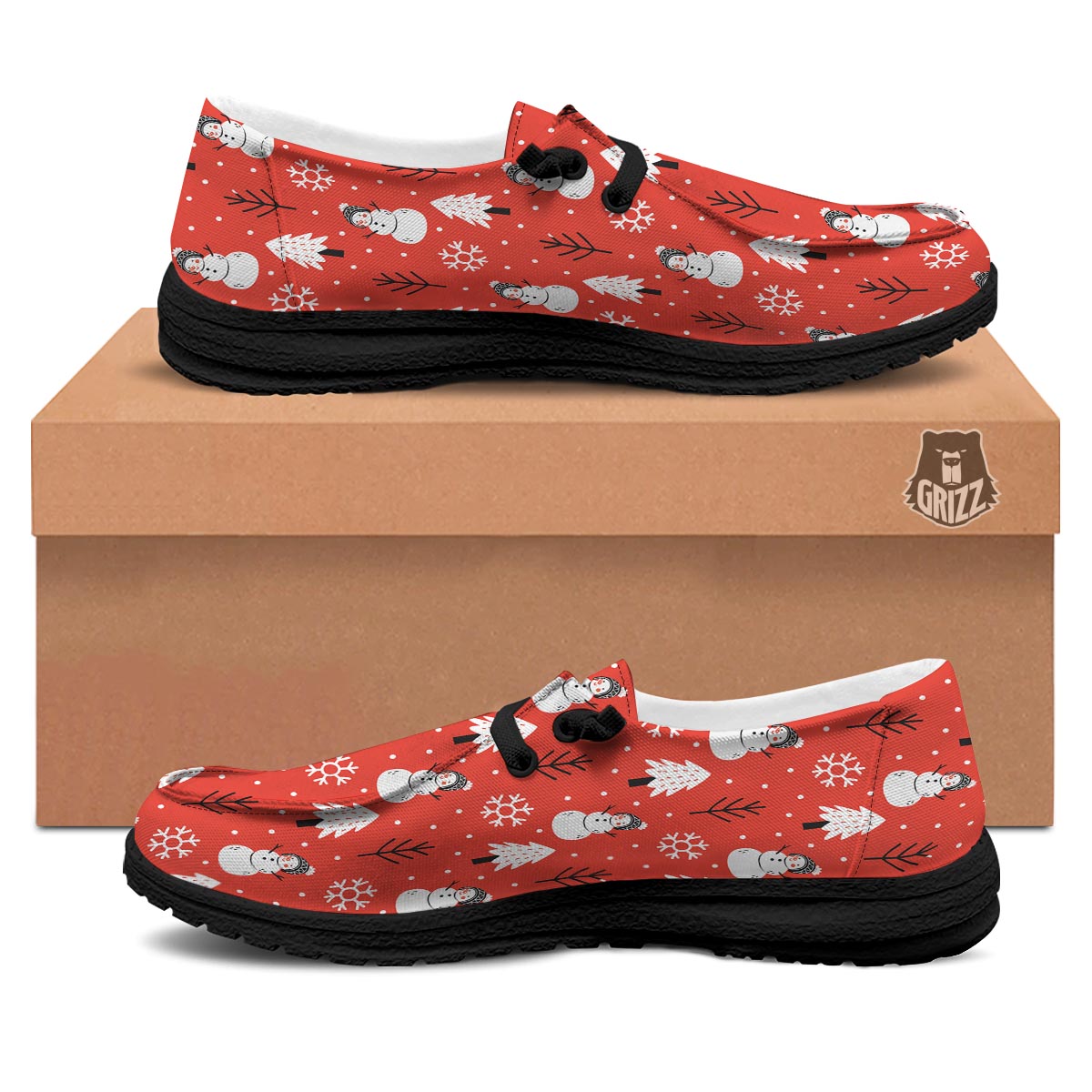 Snowman Red Print Pattern Black Loafers-grizzshop