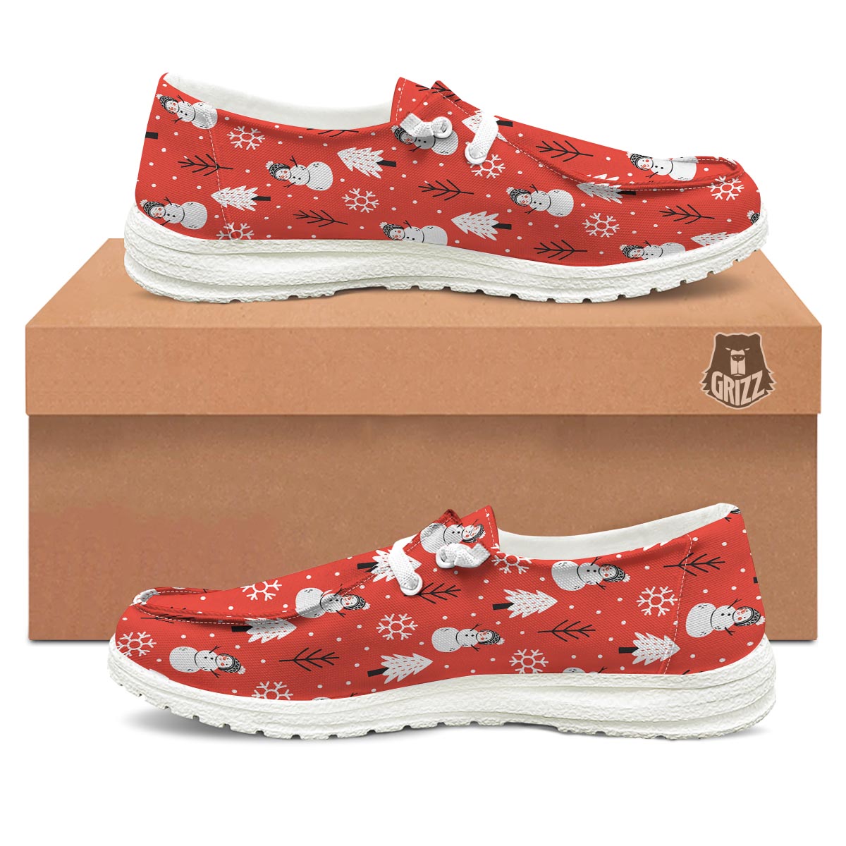 Snowman Red Print Pattern Black Loafers-grizzshop