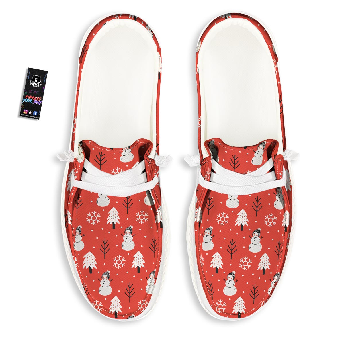 Snowman Red Print Pattern Black Loafers-grizzshop