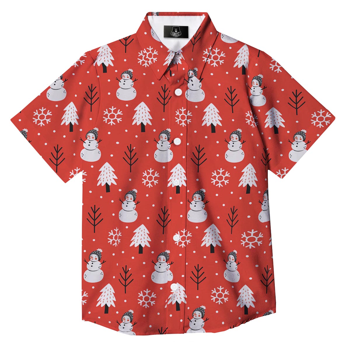 Snowman Red Print Pattern Button Up Shirt-grizzshop