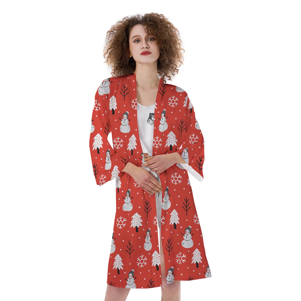 Snowman Red Print Pattern Kimono-grizzshop