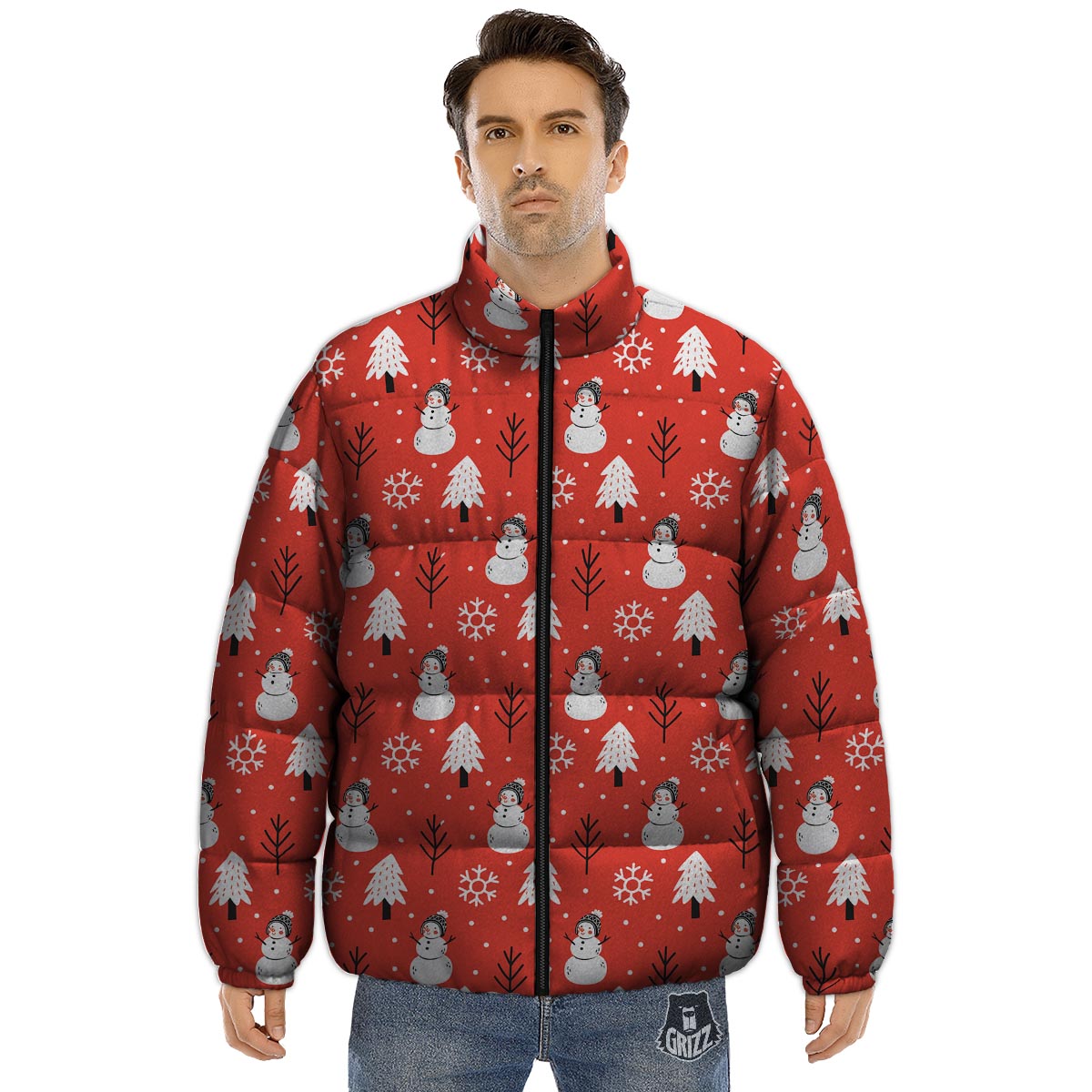 Snowman Red Print Pattern Puffer Jacket-grizzshop