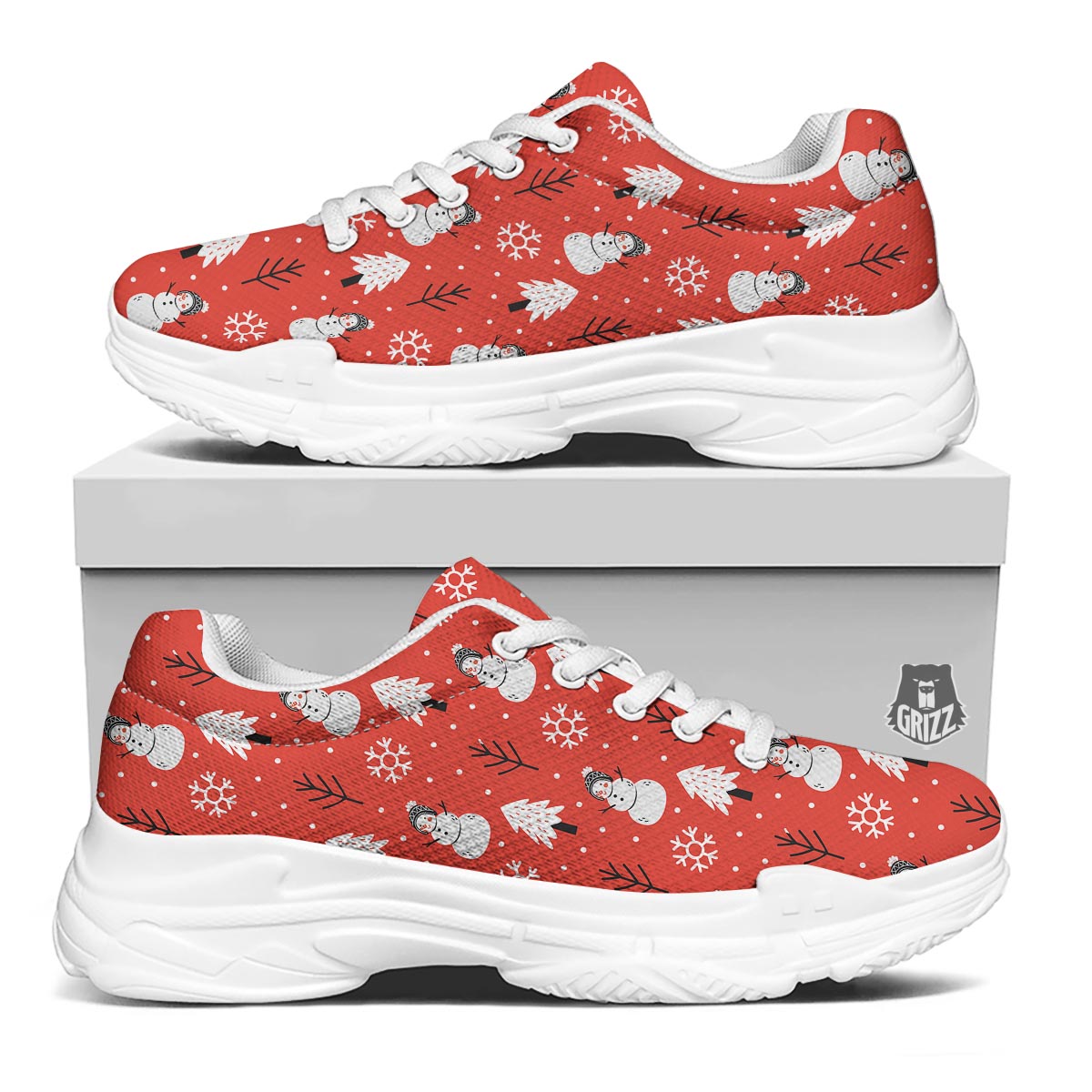 Snowman Red Print Pattern White Chunky Shoes-grizzshop