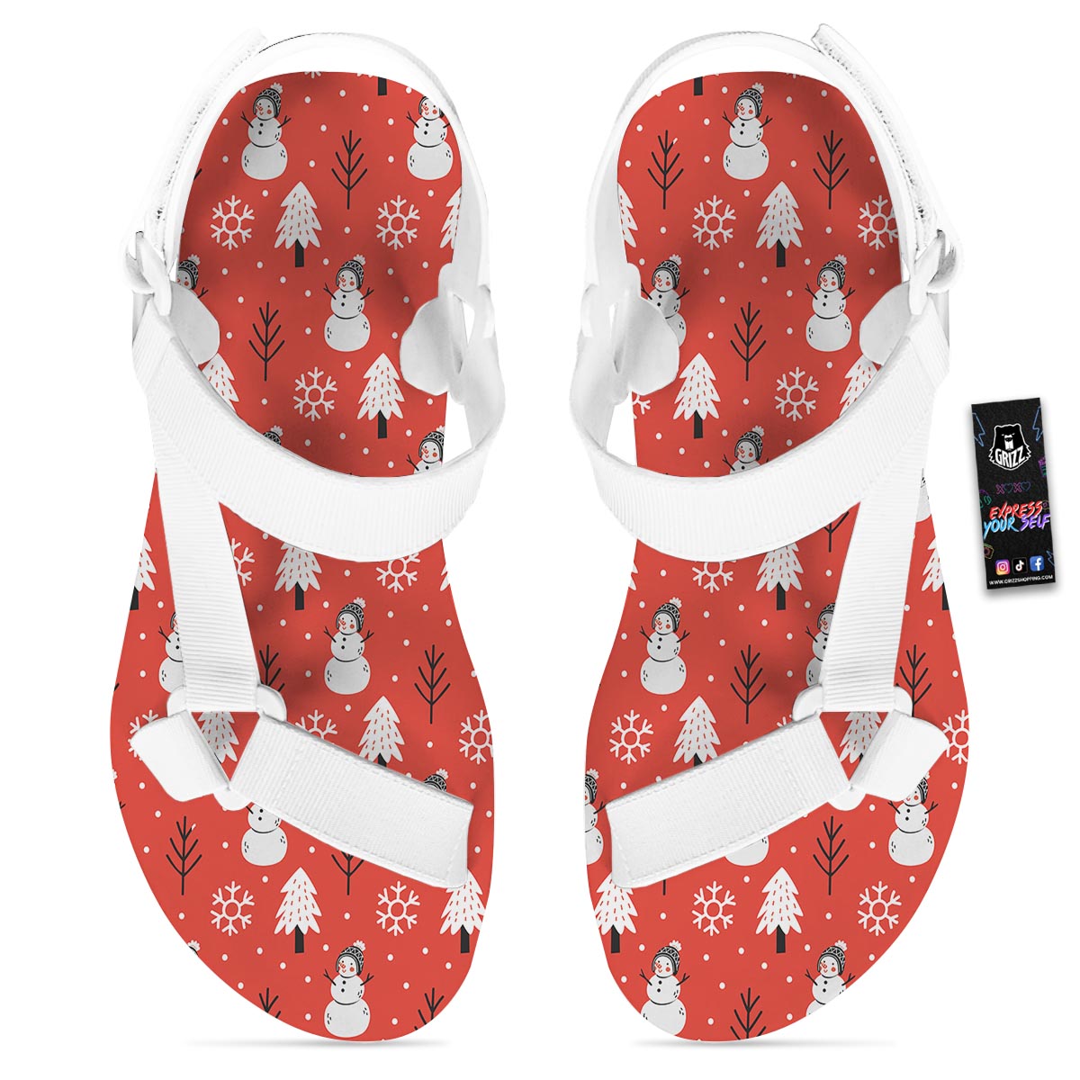 Snowman Red Print Pattern White Open Toe Sandals-grizzshop
