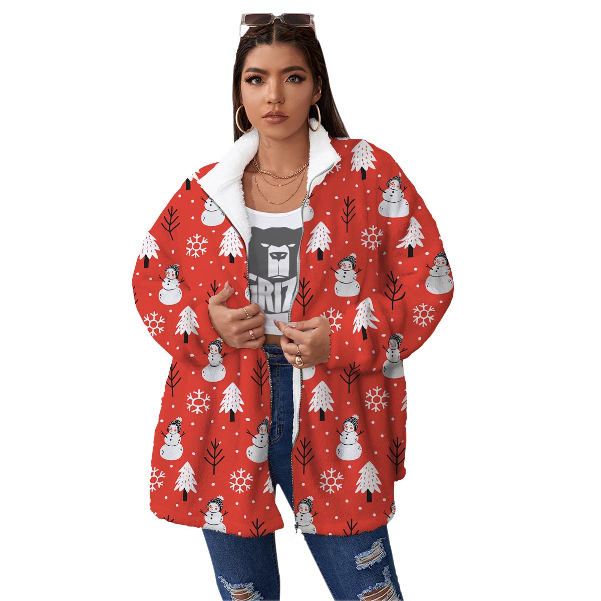 Snowman Red Print Pattern Women's Sherpa Jacket-grizzshop
