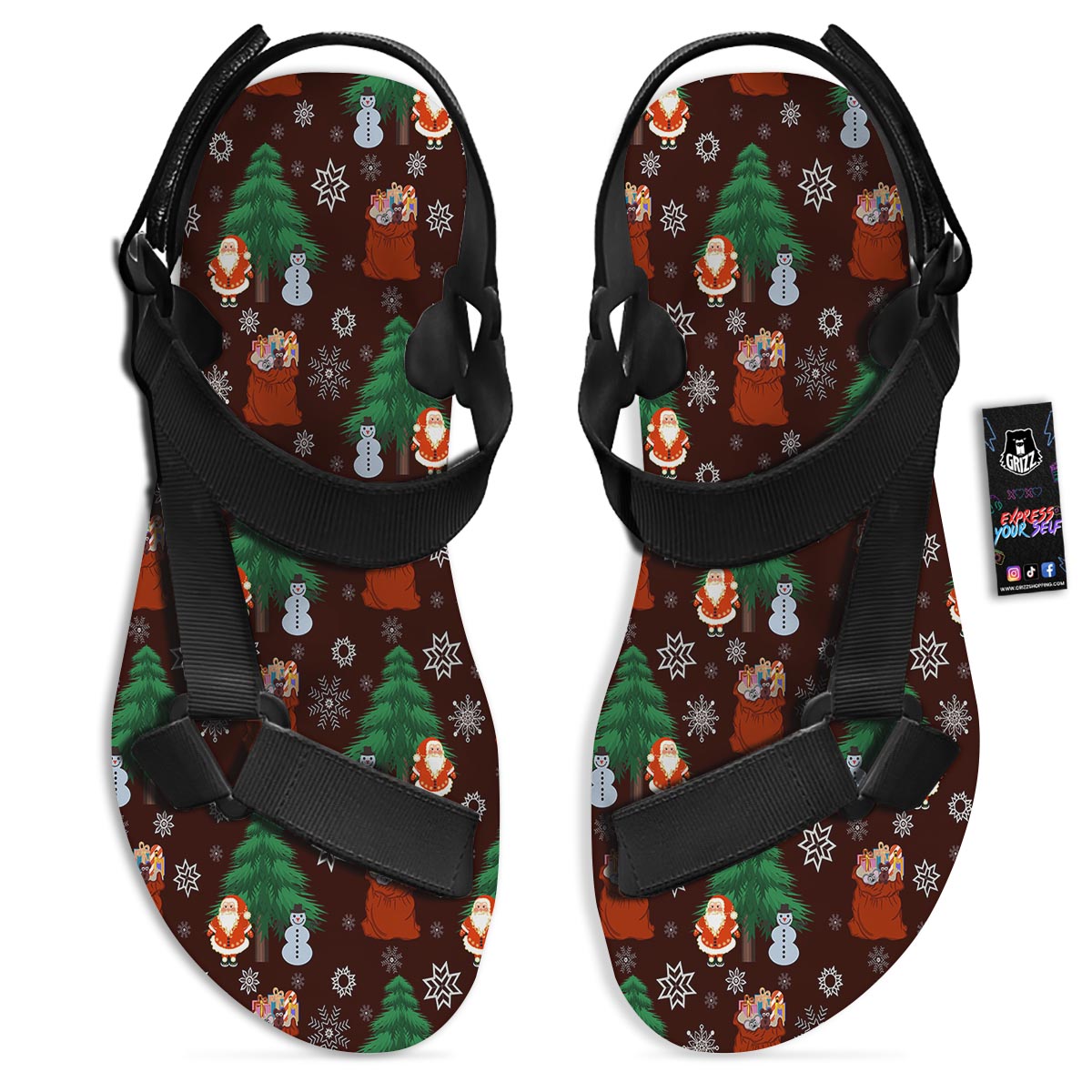 Snowman Santa Print Pattern Black Open Toe Sandals-grizzshop