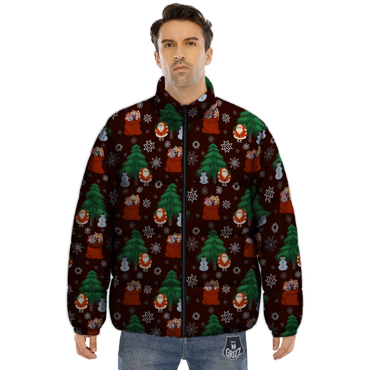 Snowman Santa Print Pattern Puffer Jacket-grizzshop