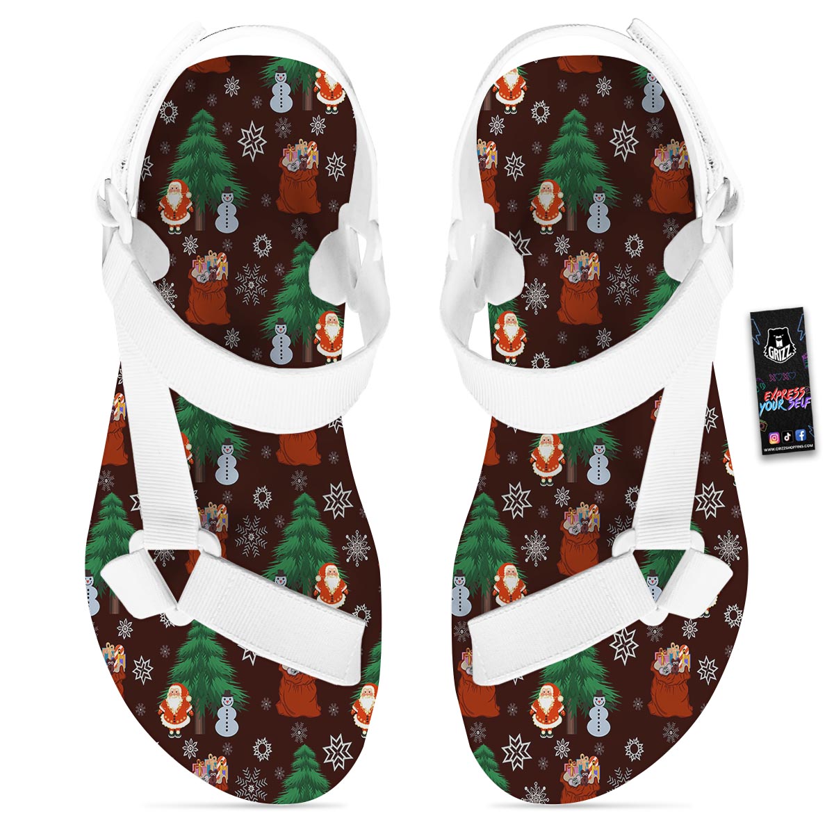 Snowman Santa Print Pattern White Open Toe Sandals-grizzshop