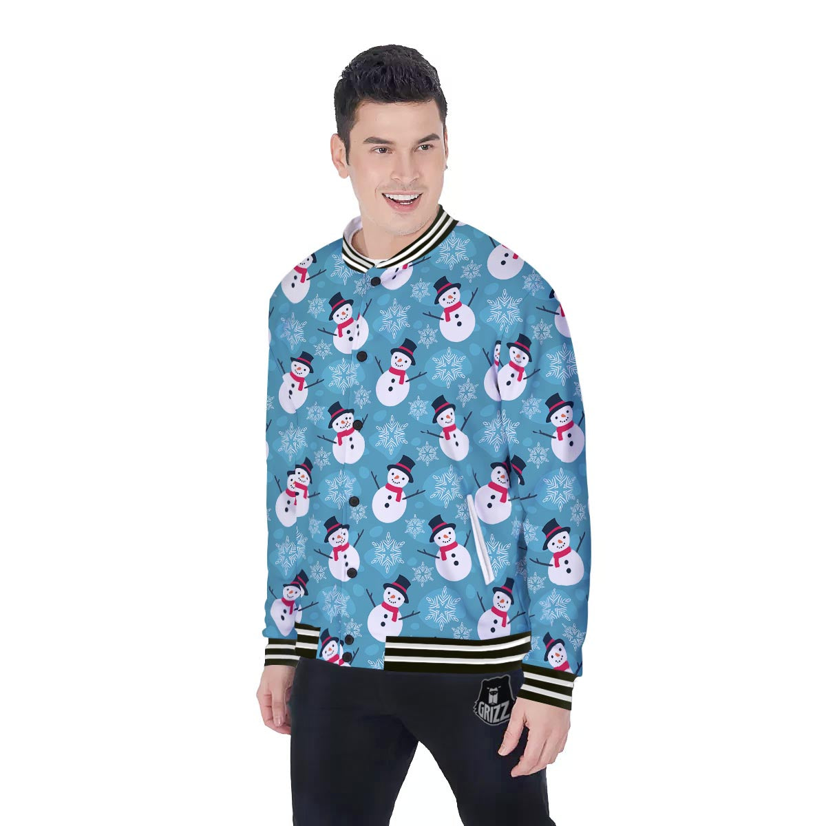 Snowman Teal Print Pattern Baseball Jacket-grizzshop