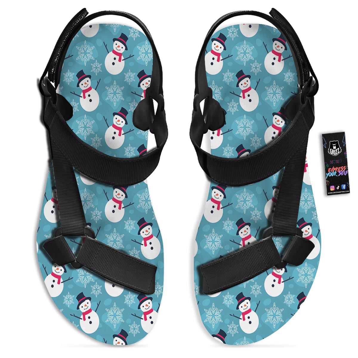 Snowman Teal Print Pattern Black Open Toe Sandals-grizzshop