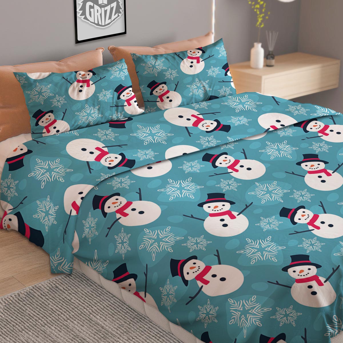 Snowman Teal Print Pattern Duvet Cover Bedding Set