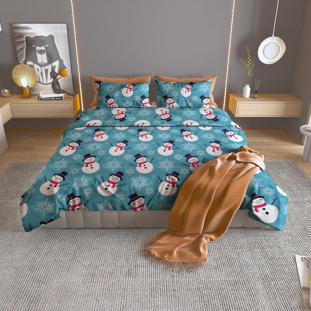 Snowman Teal Print Pattern Duvet Cover Bedding Set